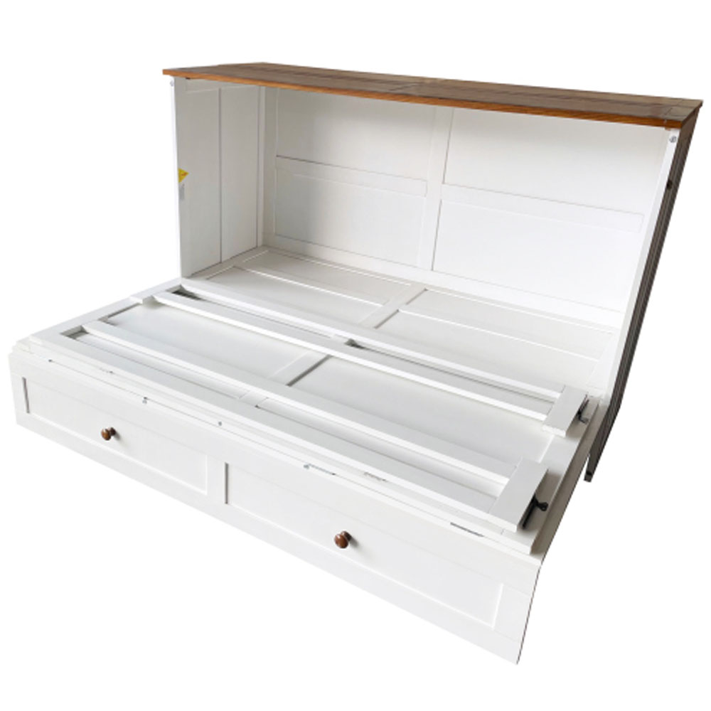 Solid Pine Murphy Bed Chest with Charging Station and Large Storage Drawer for Home Office or Small Room , Full, White+Walnut