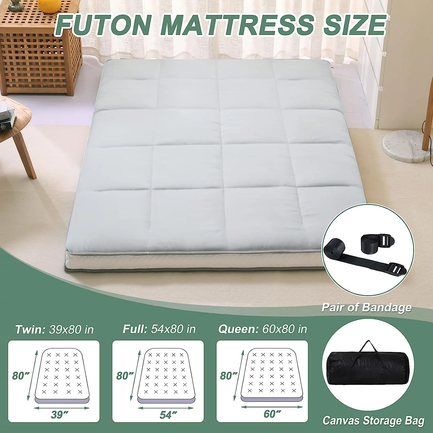Slsy Japanese Floor Mattress Futon Mattress, Foldable Mattress, Roll Up Mattress Sleeping Tatami Mat Floor Lounger Guest Bed,Twin Full Queen