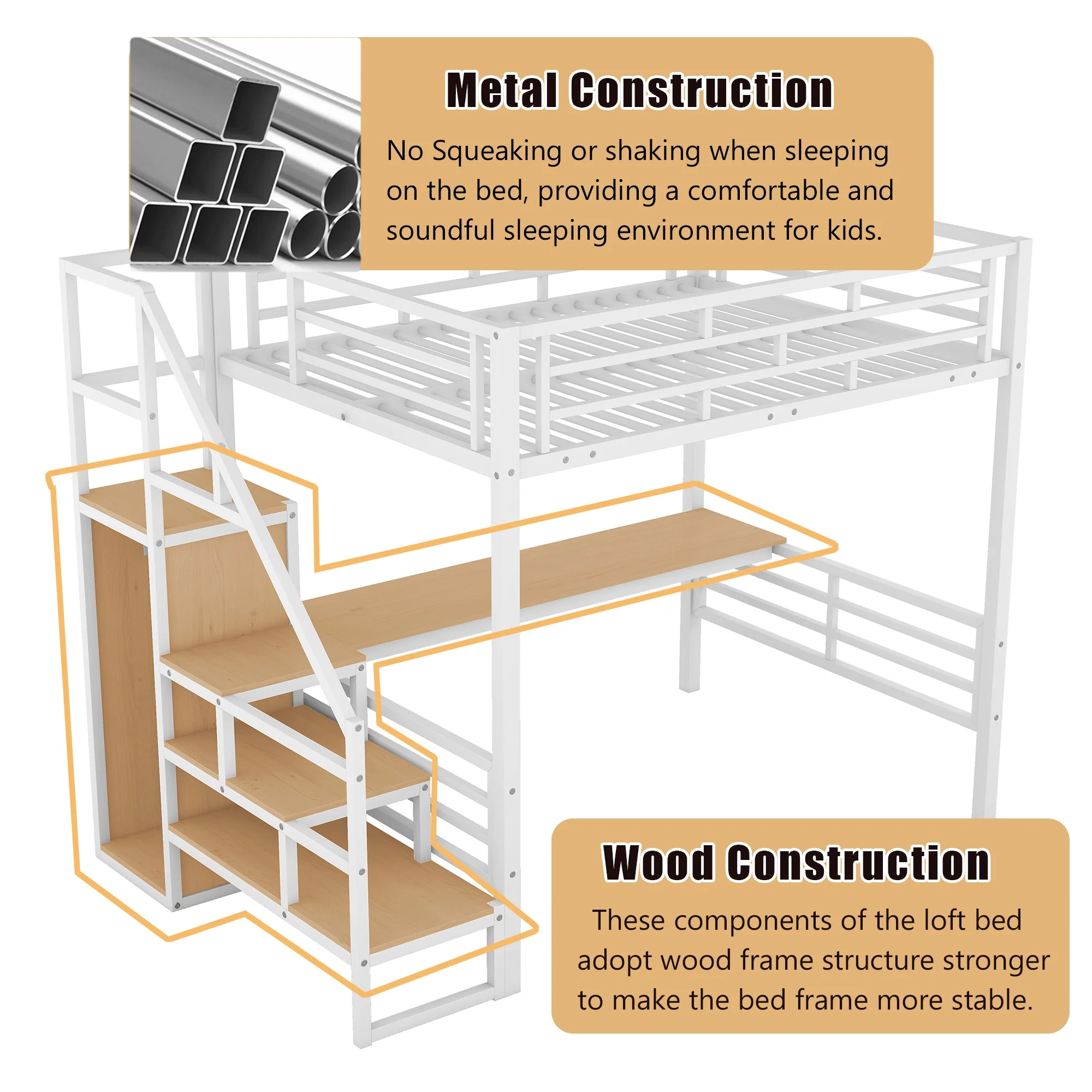 Bellemave Full Size Loft Bed with Desk, Metal Loft Beds with Stair and Built-in Wardrobe, Heavy-Duty High Loft Bed for Kids Teens Adults (White)