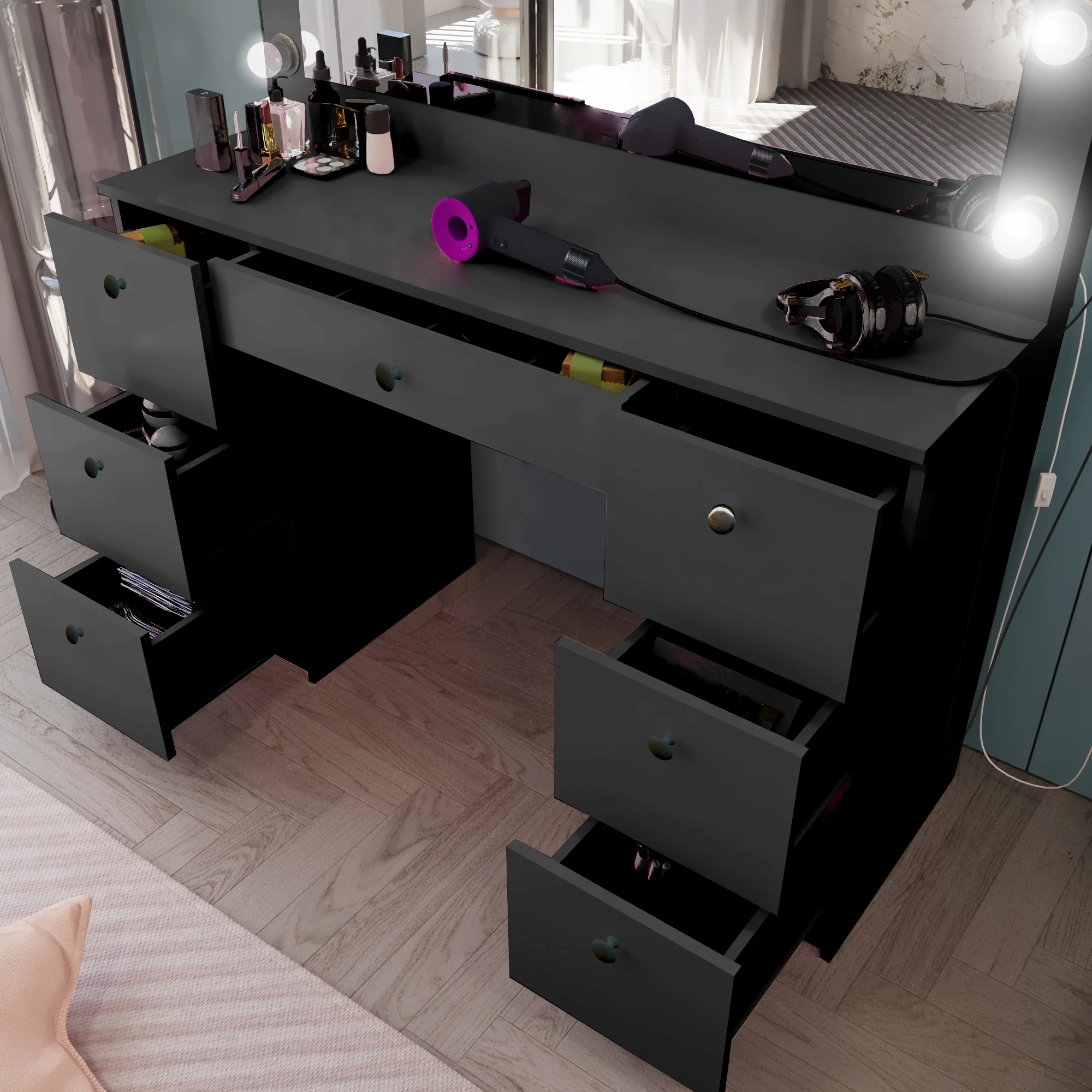 Ember Interiors Tammy Modern Black Painted Vanity Table, Lights, for Bedroom