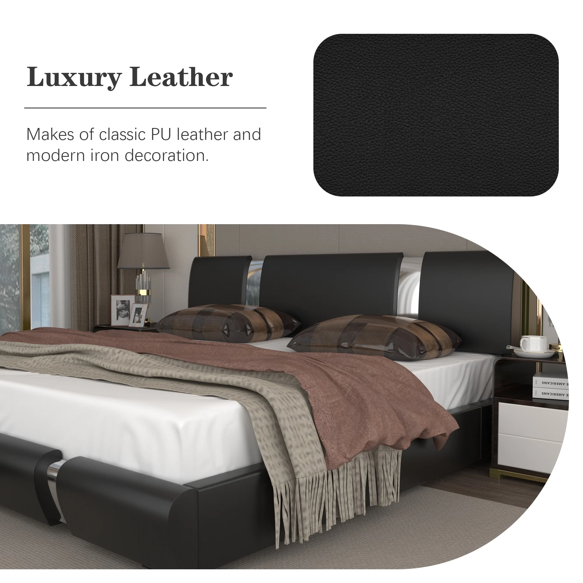 Kallabe Full Size Modern Bed Frame with Led Light,Iron Pieces Decor and Faux Leather Headboard, Black