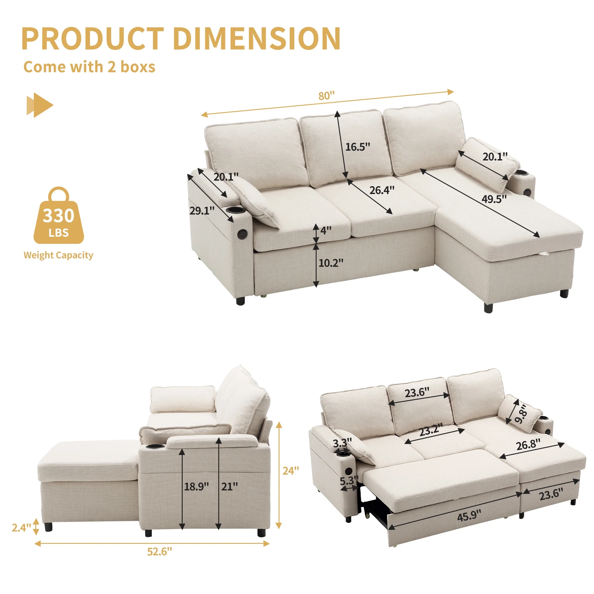 Duraspace Sectional Sleeper Sofa with Storage Chaise, Reversible Pull Out Couch Sofa Bed, L-Shape Beige