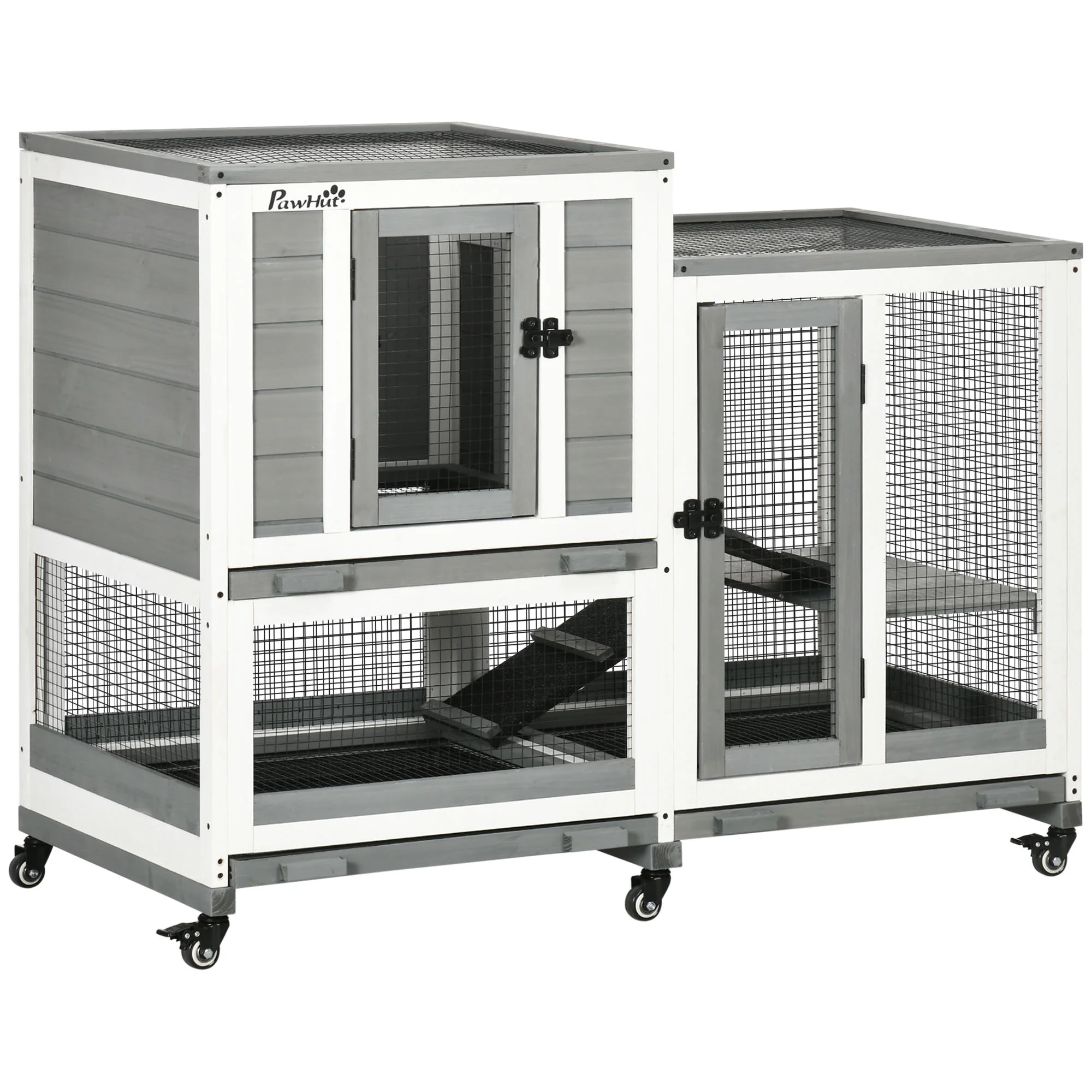 PawHut Three Story Wooden Rabbit Cage Bunny Hutch, Gray