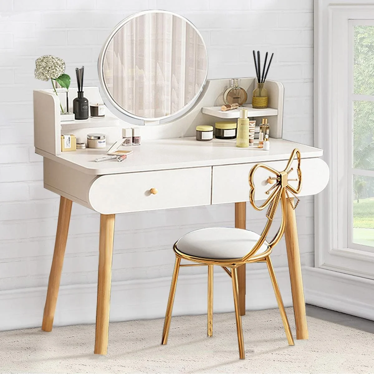 ANJORALA White Vanity Table Set with Mirror, Modern Makeup Vanity Desk Dressing Table with 2 Drawers & 2 Shelves(Without Stool)