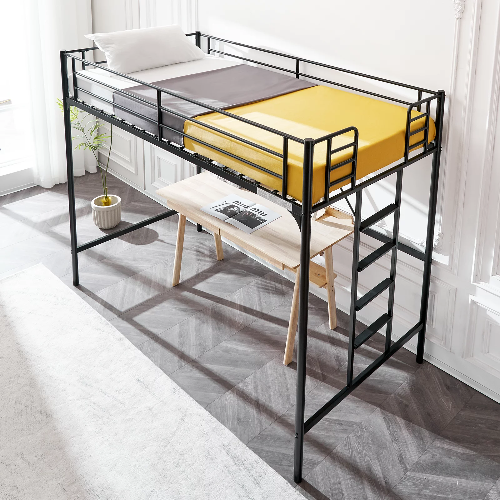 VINGLI Metal Loft Bed with Stairs and Flat Rung, Junior Loft Bed Twin Size High Loft Bed for Kids/Teens/Adults, No Box Spring Required, Black