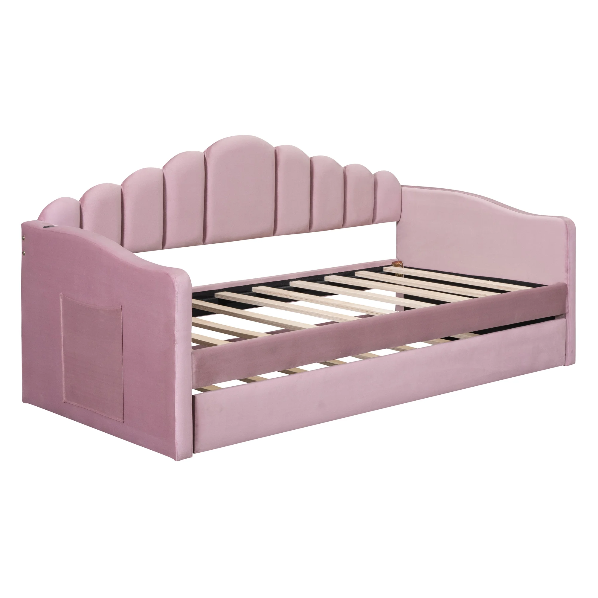 Churanty Twin size Upholstered Daybed with Trundle ,Velvet Sofabed with USB Charging Ports,No Box-spring Needed,Pink