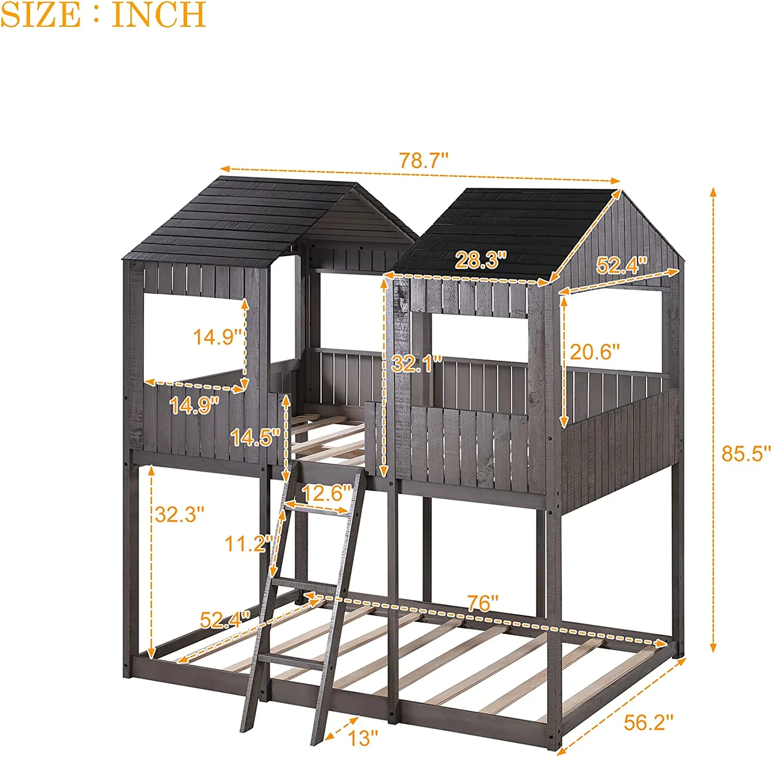 House Bed For Kids,Full Over Full House Bunk Bed With Roof, Window, Wood Full Size House Bed For Toddler, Teens, Girls, Boys,No Box Spring Needed,Antique Gray