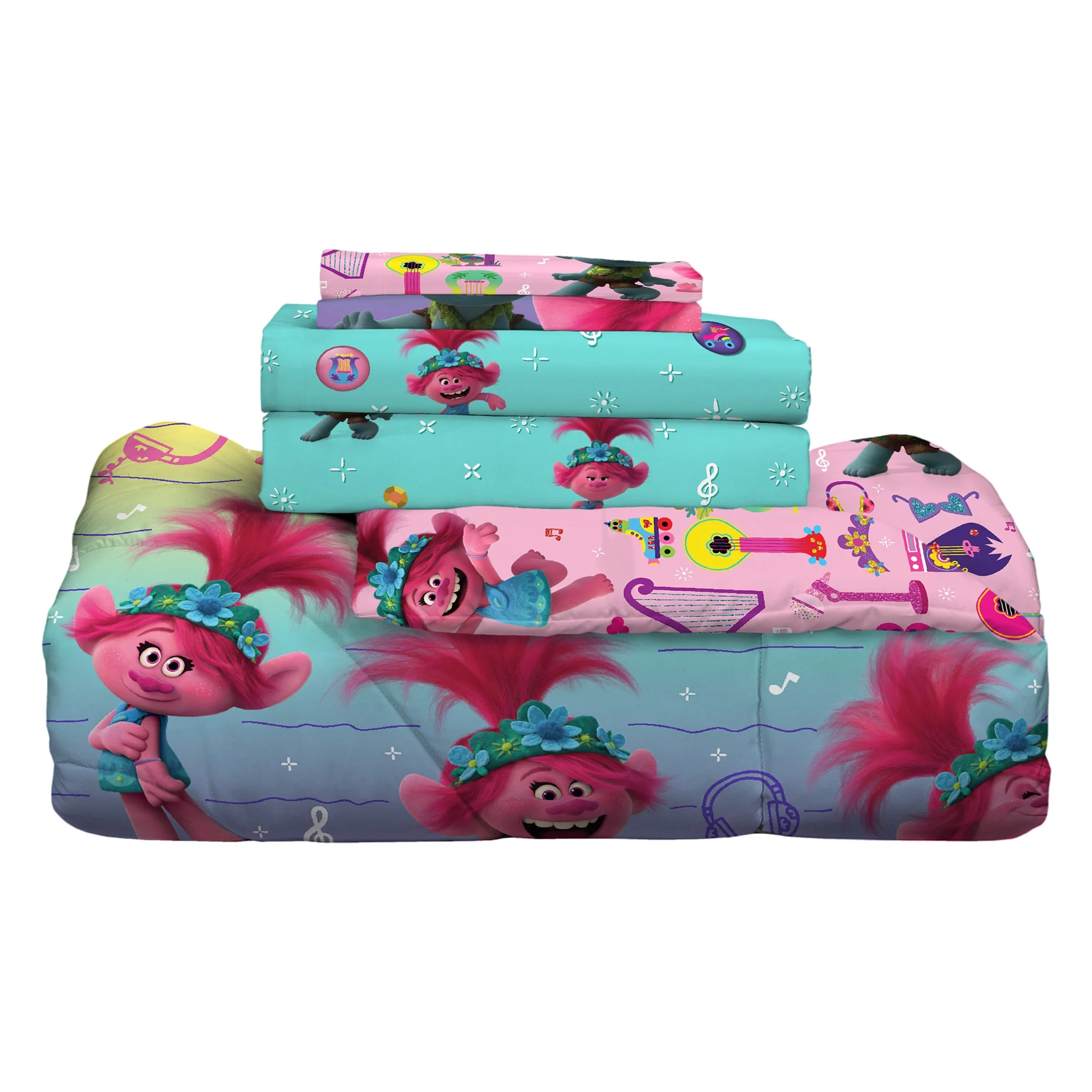 Trolls Kids Full Bed in a Bag, Comforter Sheets and Sham, Rainbow, DreamWorks
