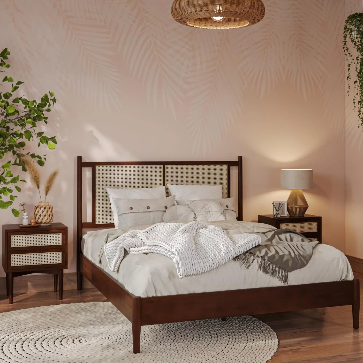 Bme Oliver 15 Inch Signature Bed Frame with Rattan Headboard - Bohemian & Mid Century Style - Acacia Wood - 12 Strong Wood Slat Support - Easy Assembly - No Box Spring Needed - Walnut, Queen