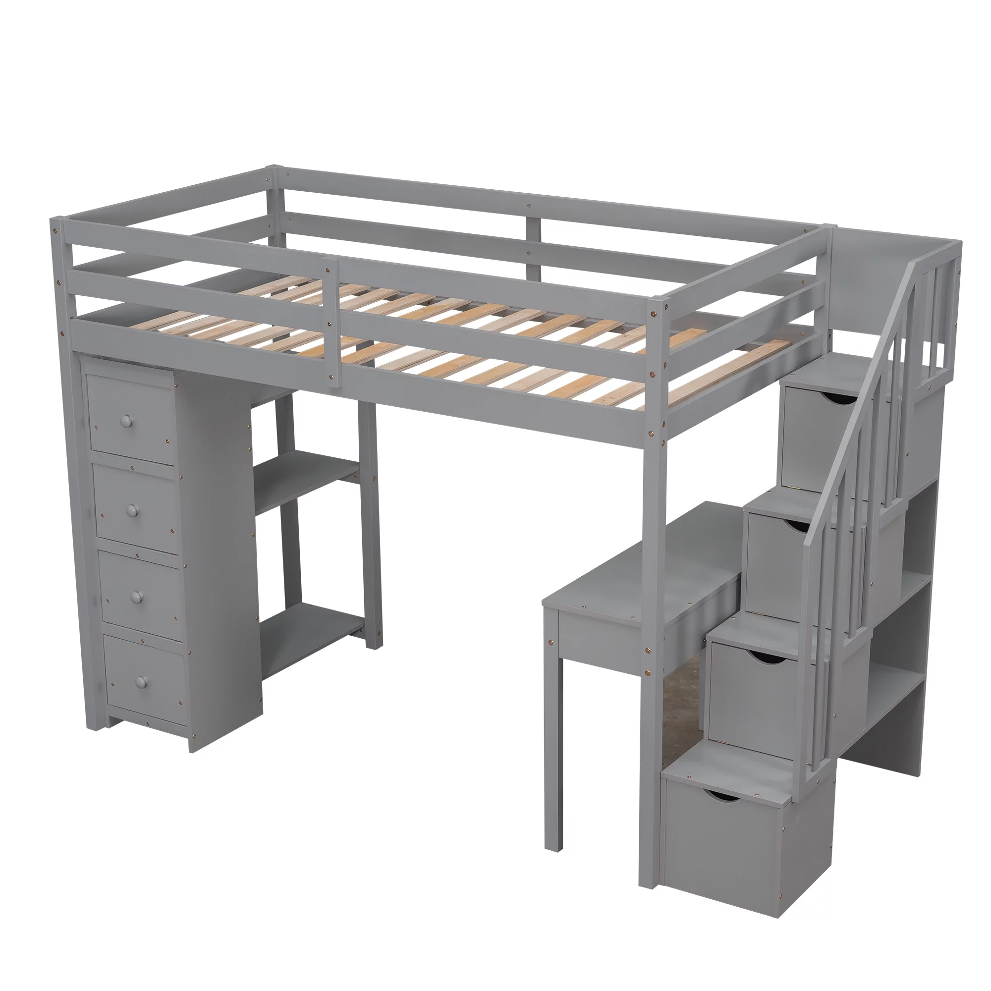 CoSoTower Twin Size Loft Bed with Storage Drawers ,Desk and Stairs, Wooden Loft Bed with Shelves - Gray