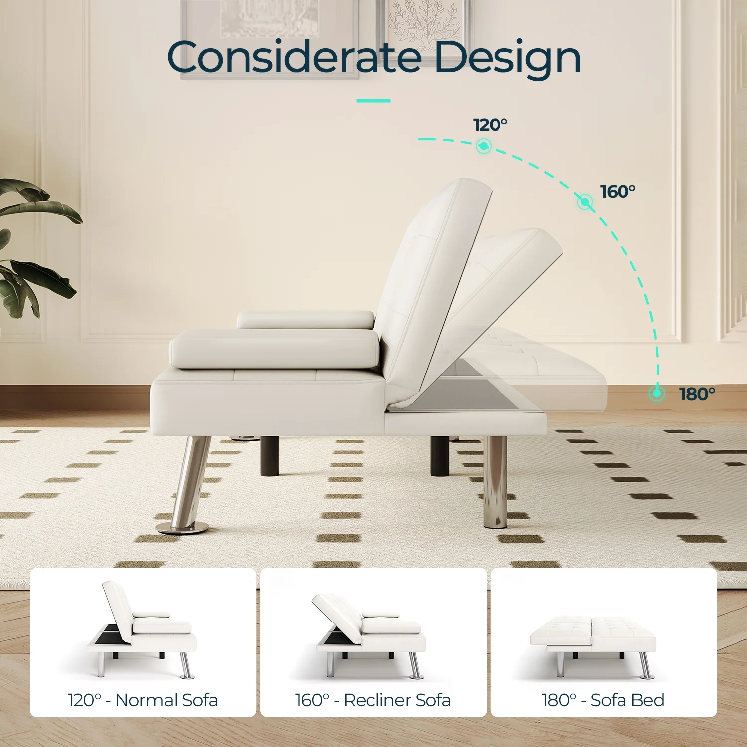 LINSY HOME Faux Leather Upholstered Convertible Futon Sofa Bed for Compact Living Space, Apartment, Dorm, White