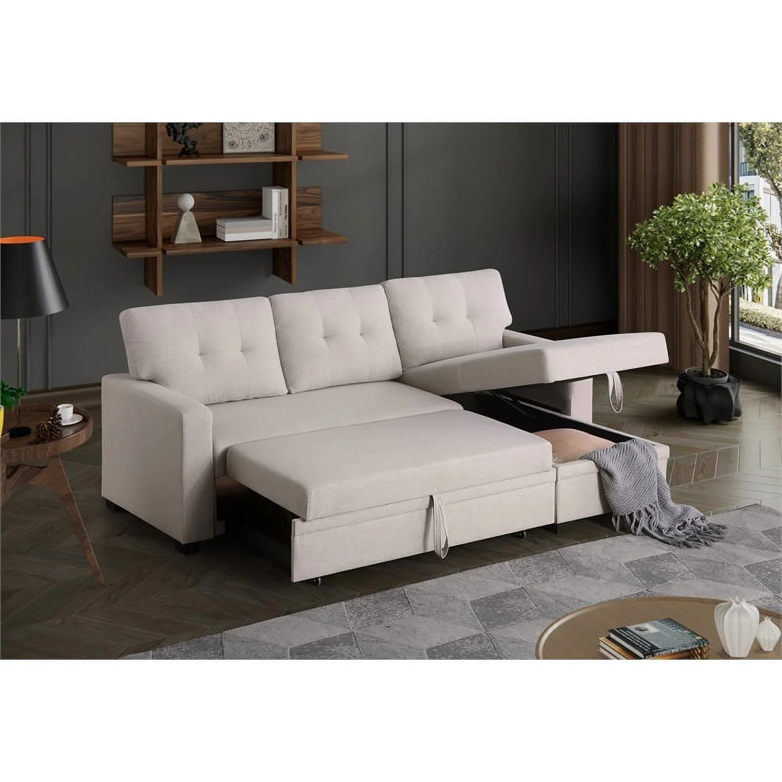 Devion Furniture Polyester Fabric Reversible Sleeper Sectional Sofa-Beige