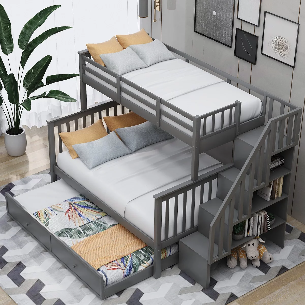 Stairway Solid Wood Twin Over Full Bunk Beds with Twin Size Trundle, Storage and Guard Rail Kids Bunk Beds