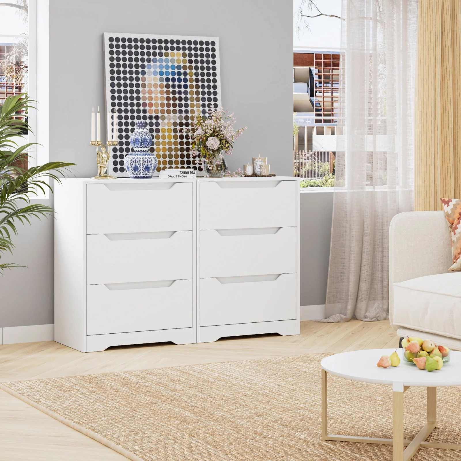Homfa White Dresser with 3 Drawers, 23.6'' W Tall Nightstand Chest of Drawer with Cutout Handles for Living Room