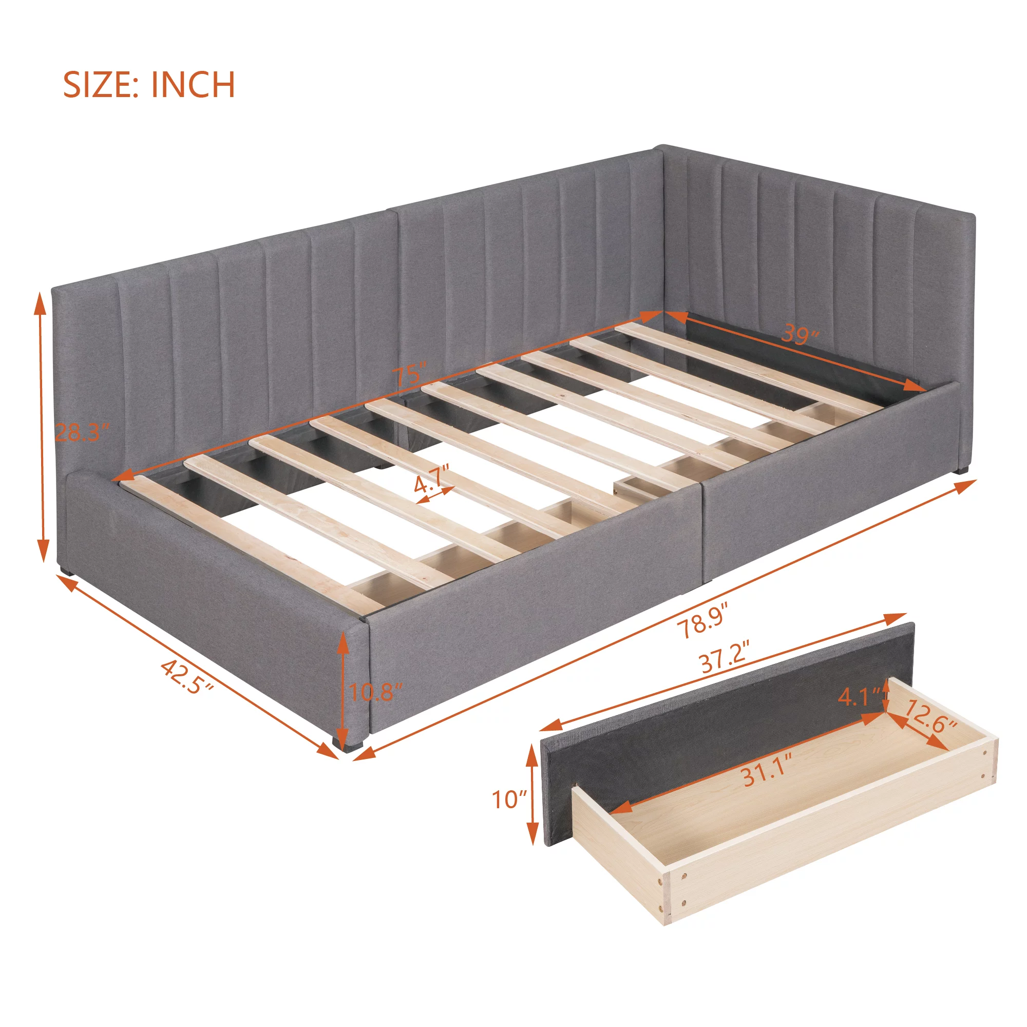 Sesslife Upholstered Daybed with Storage, Twin Size Linen Upholstered Sofa Bed Frame with 2 Drawers, No Box Spring Needed, Modern Twin Daybed for Bedroom Living Room, Gray