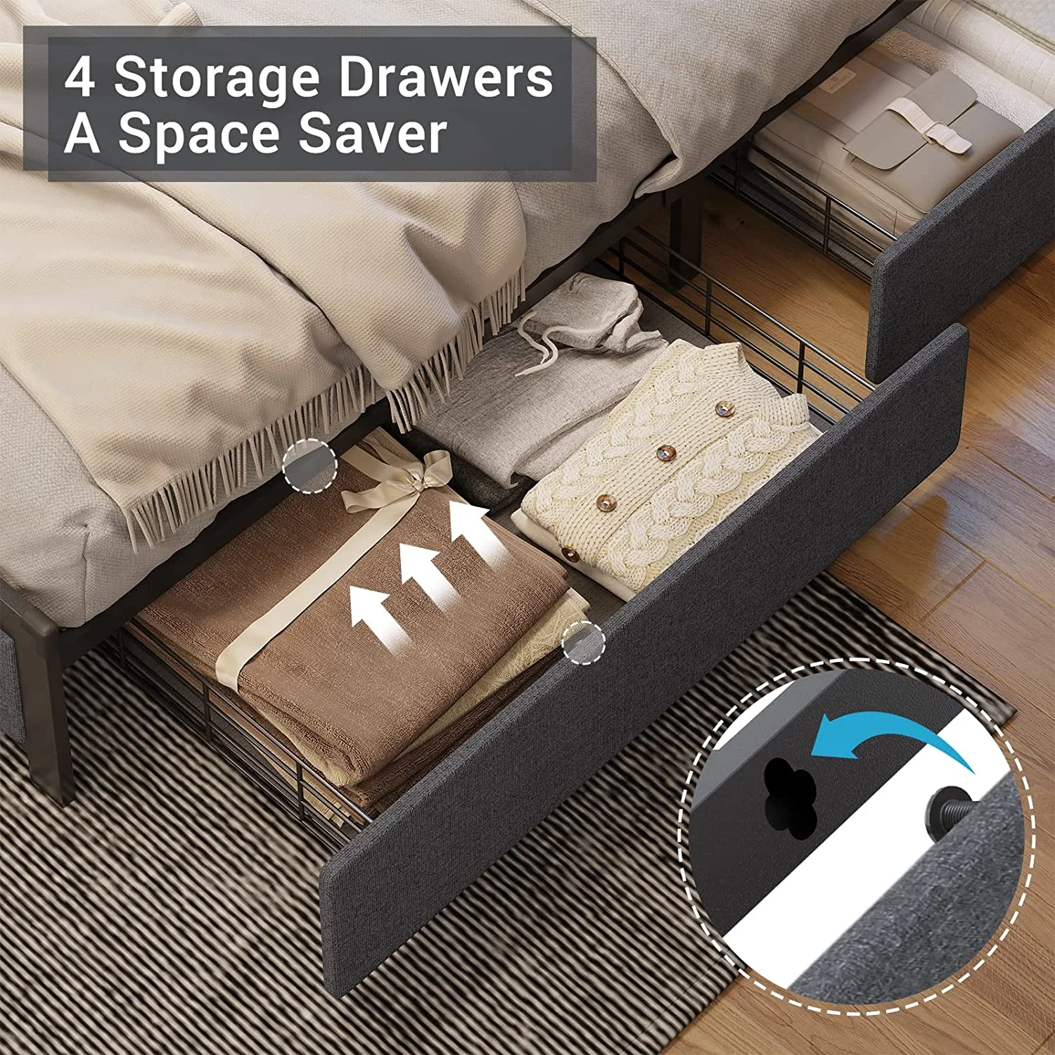 ADORNEVE Full Bed Frame with LED Headboard and 4 Drawers, Upholstered Metal Platform Bed with USB Ports & Charging Outlets, Verticle Channel Tufting, Dark Gray