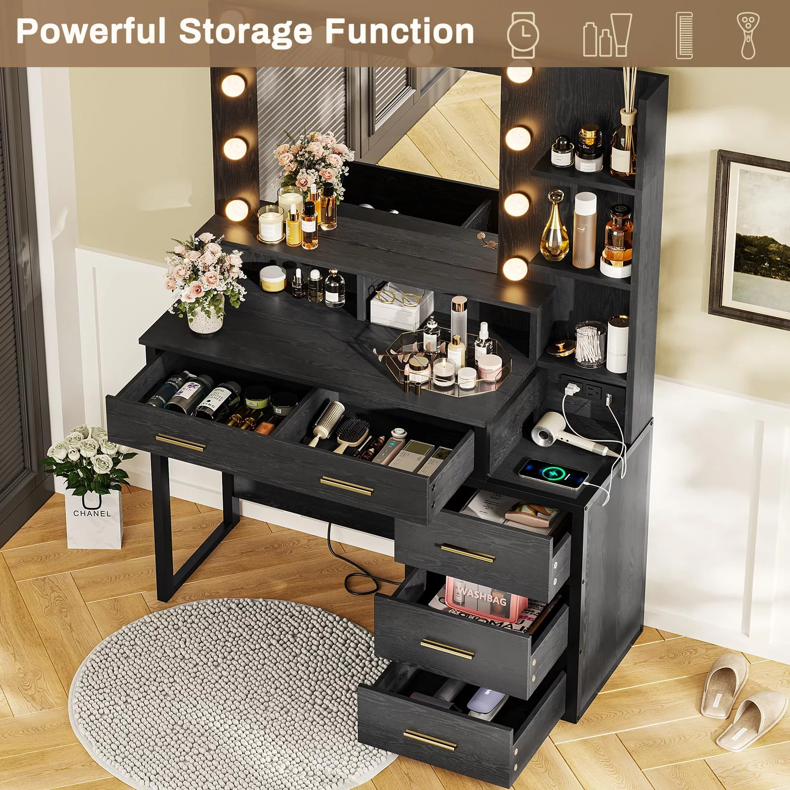 Makeup Vanity with 10 Light Bulbs, Modern Vanity Desk with Mirror and 3 Lighting Modes, Vanity Table with 2 USB Ports and Outlets, Black