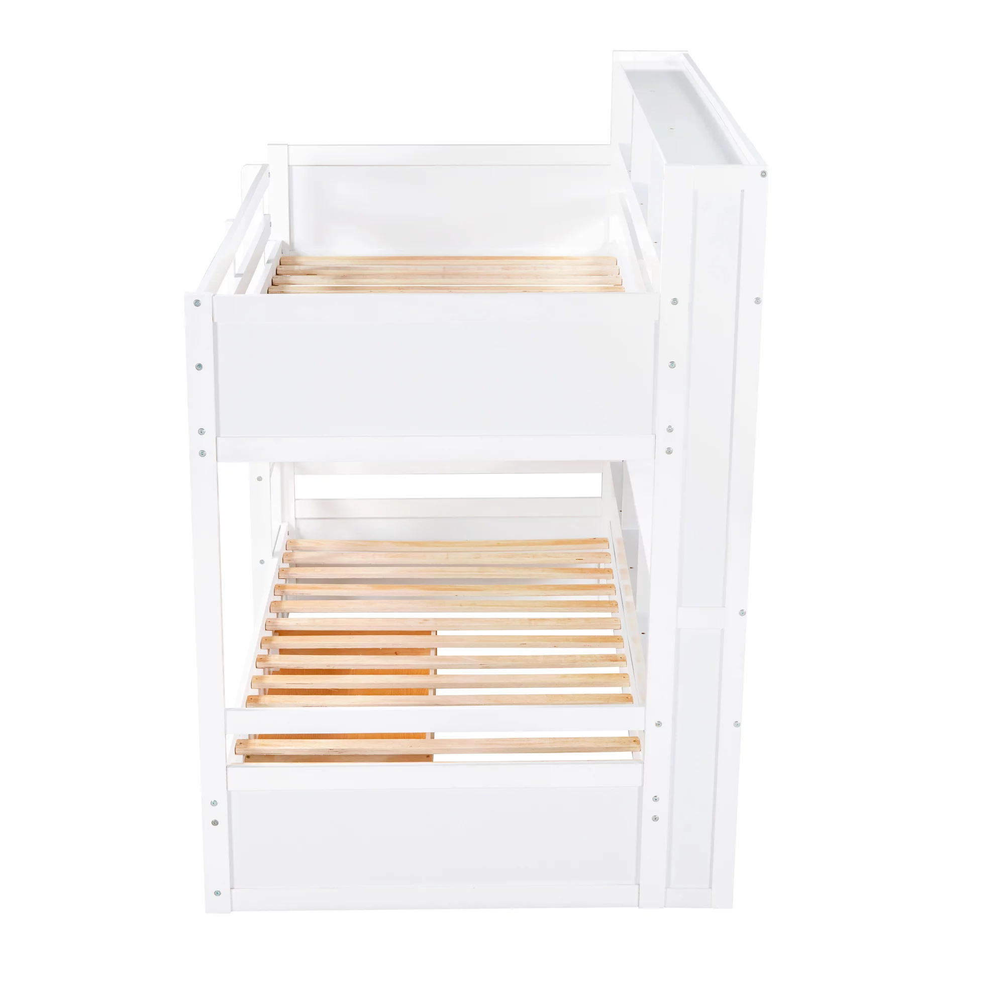 iRerts Twin Over Twin Bunk Bed with Storage Drawer, Wood Twin Bunk Bed with Built-in Shelves Beside Both Upper and Down Bed, Bunk Bed Twin Over Twin for Kids Teens Bedroom, No Box Spring Needed, White