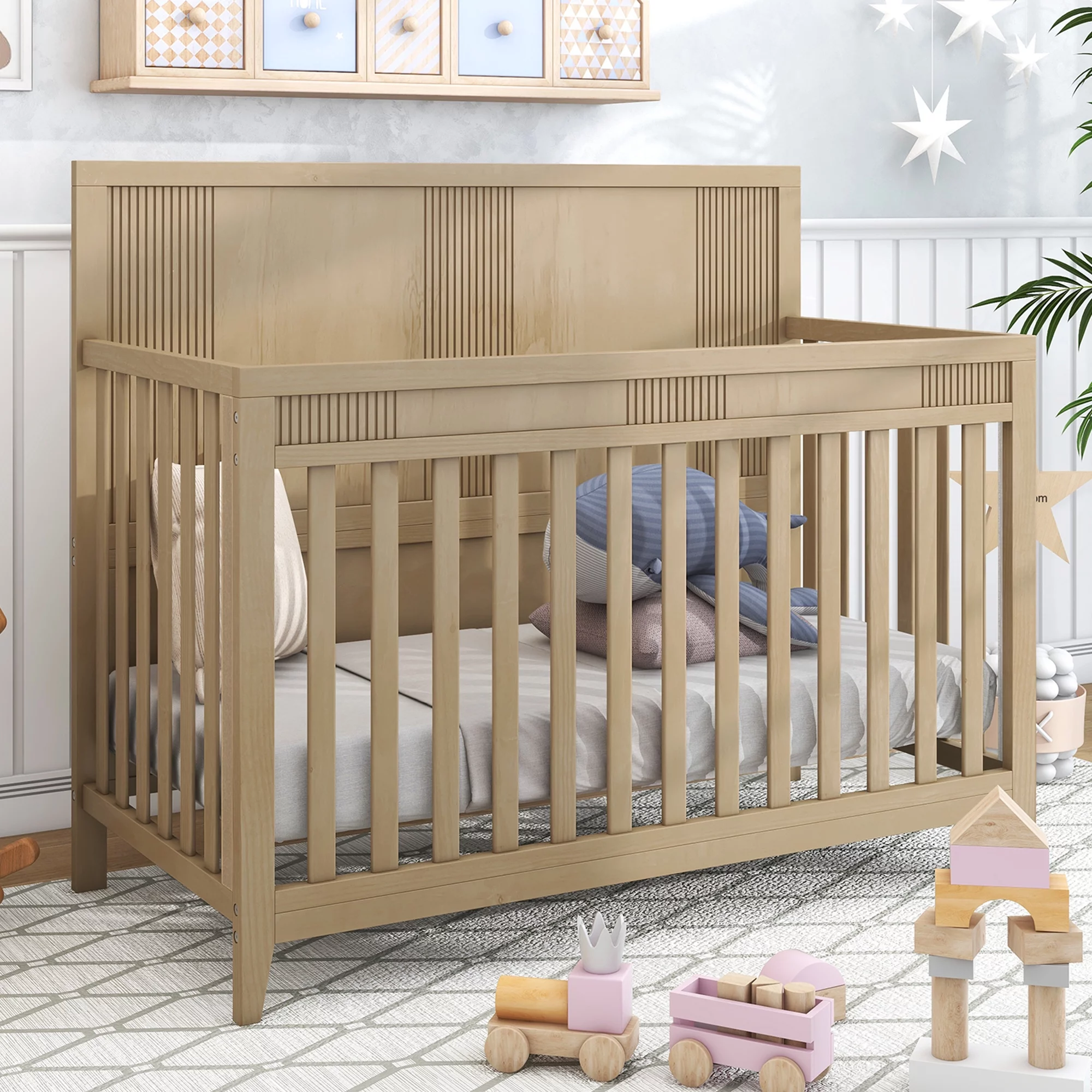 HSUNNS 4-in-1 Convertible Crib, Rustic Farmhouse Style, Certified Baby Safe Crib, Converts from Baby Crib to Toddler Bed, Daybed, and Full-Size Bed, 3 Adjustable Mattress Heights, Natural Wood