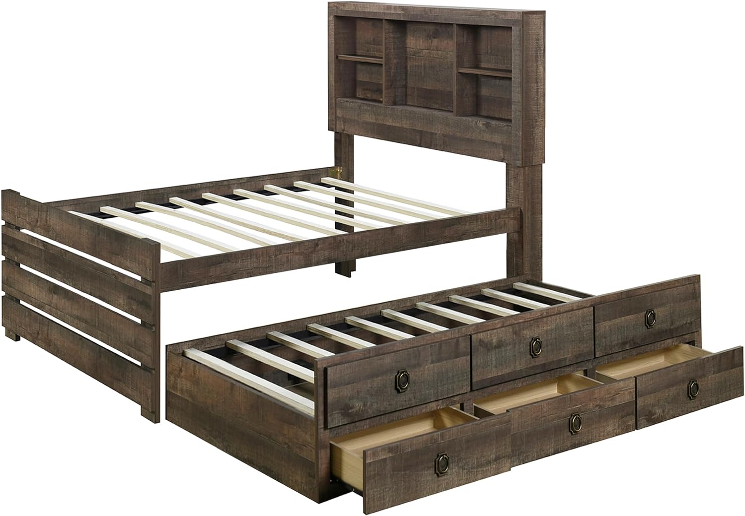 Farmhouse Style Twin Size Captain Platform Bed with Trundle,Wooden Bookcase Bedframe with 3 Spacious Under Bed Drawers in Casual for Bedroom/Guestroom