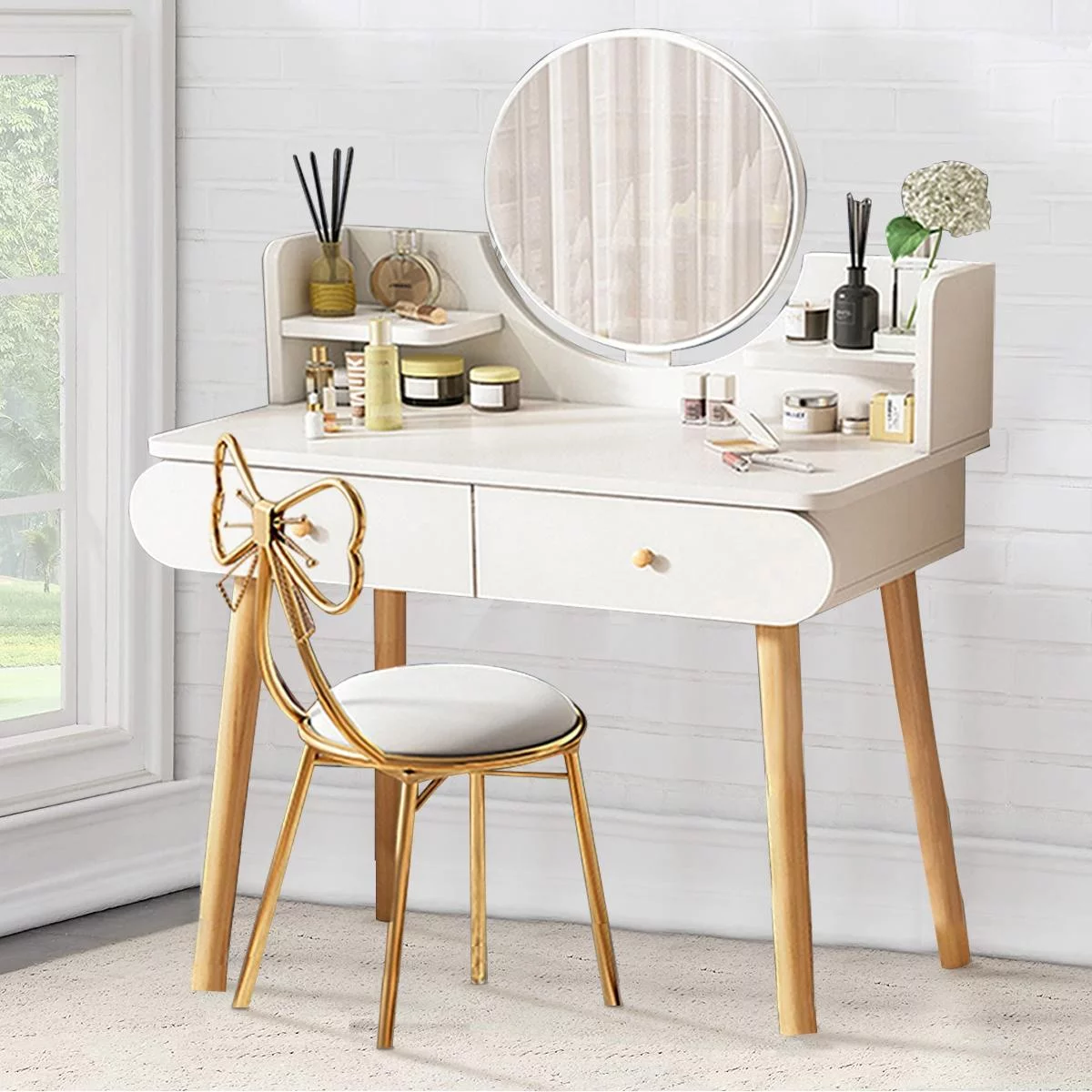 ANJORALA White Vanity Table Set with Mirror, Modern Makeup Vanity Desk Dressing Table with 2 Drawers & 2 Shelves(Without Stool)