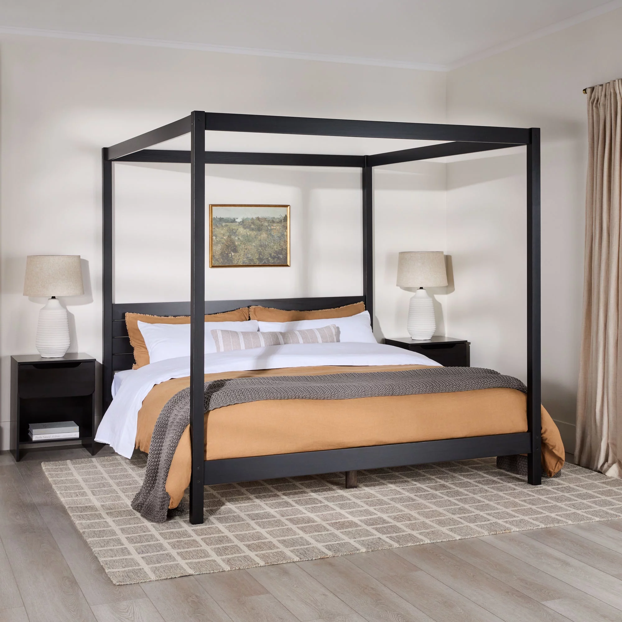Walker Edison Minimalist Solid Wood King-Size Canopy Bedframe, Black