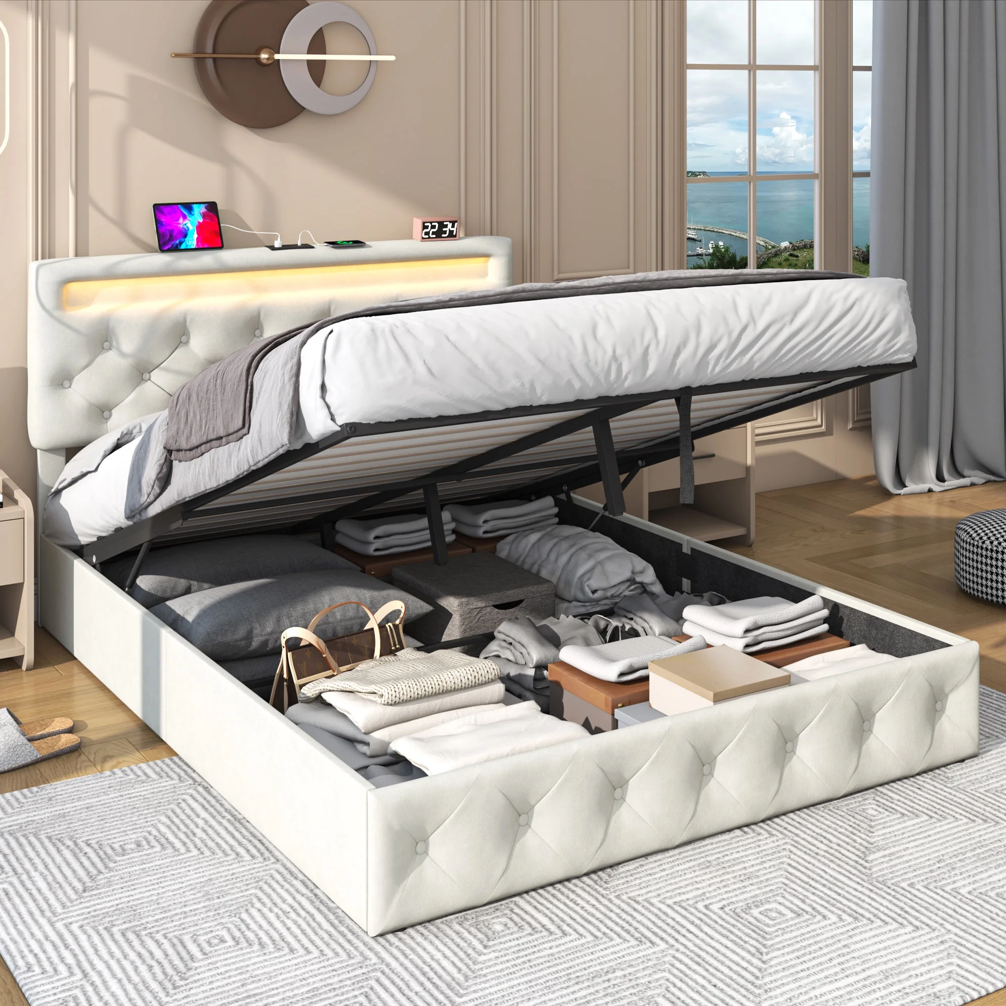 Queen Lift Up Storage Bed with LED Light & Power Station & Large Under Bed Storage, Velvet Upholstered Platform Bed Frame with Adjustable Headboard(Beige-Queen)