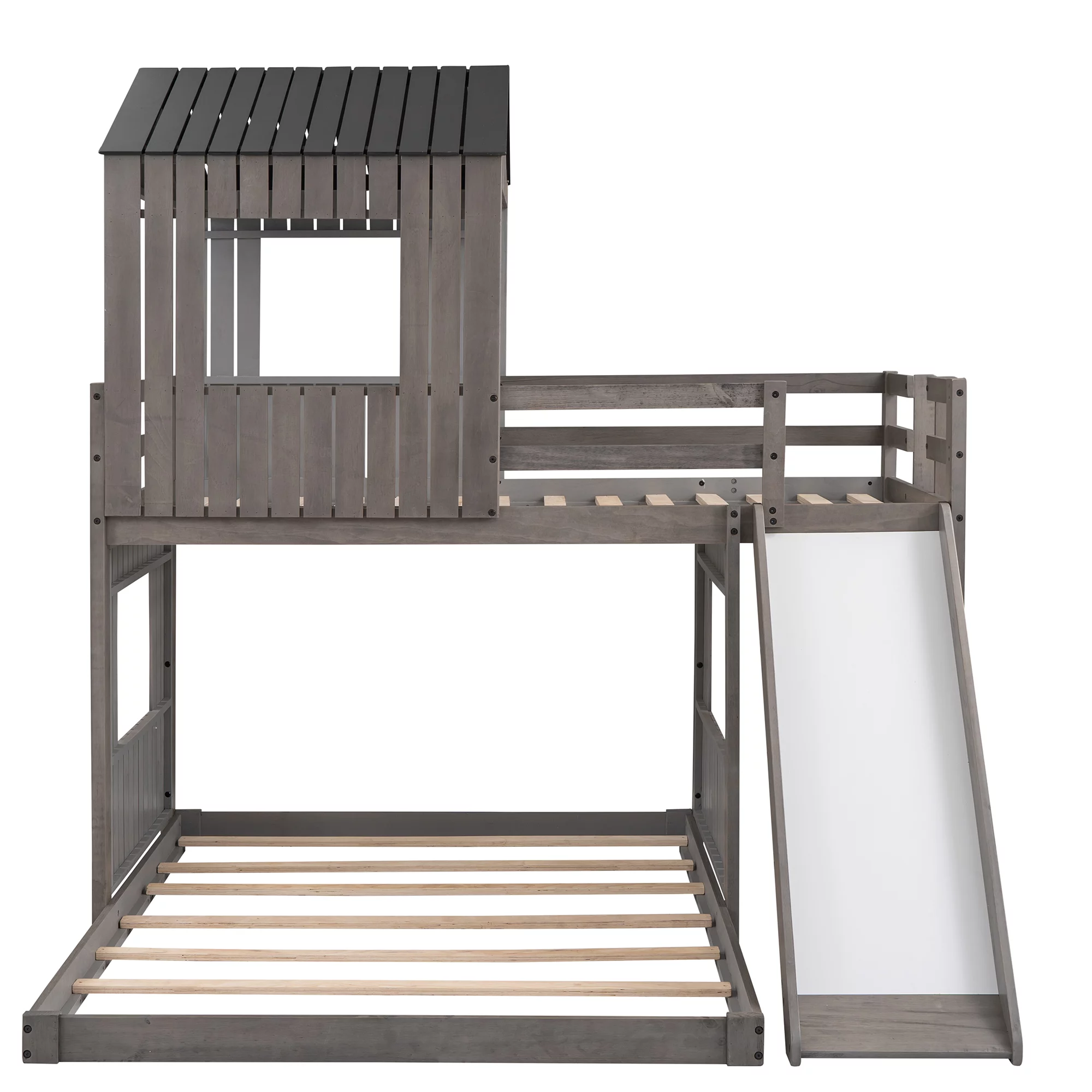 Bellemave Twin Over Full House Bunk Bed with Slide, Wood L-Shaped Fort Loft Bunk Beds Frame with Ladder, Floor Playhouse Bed for Kids, No Need Spring Box (Antique Gray)