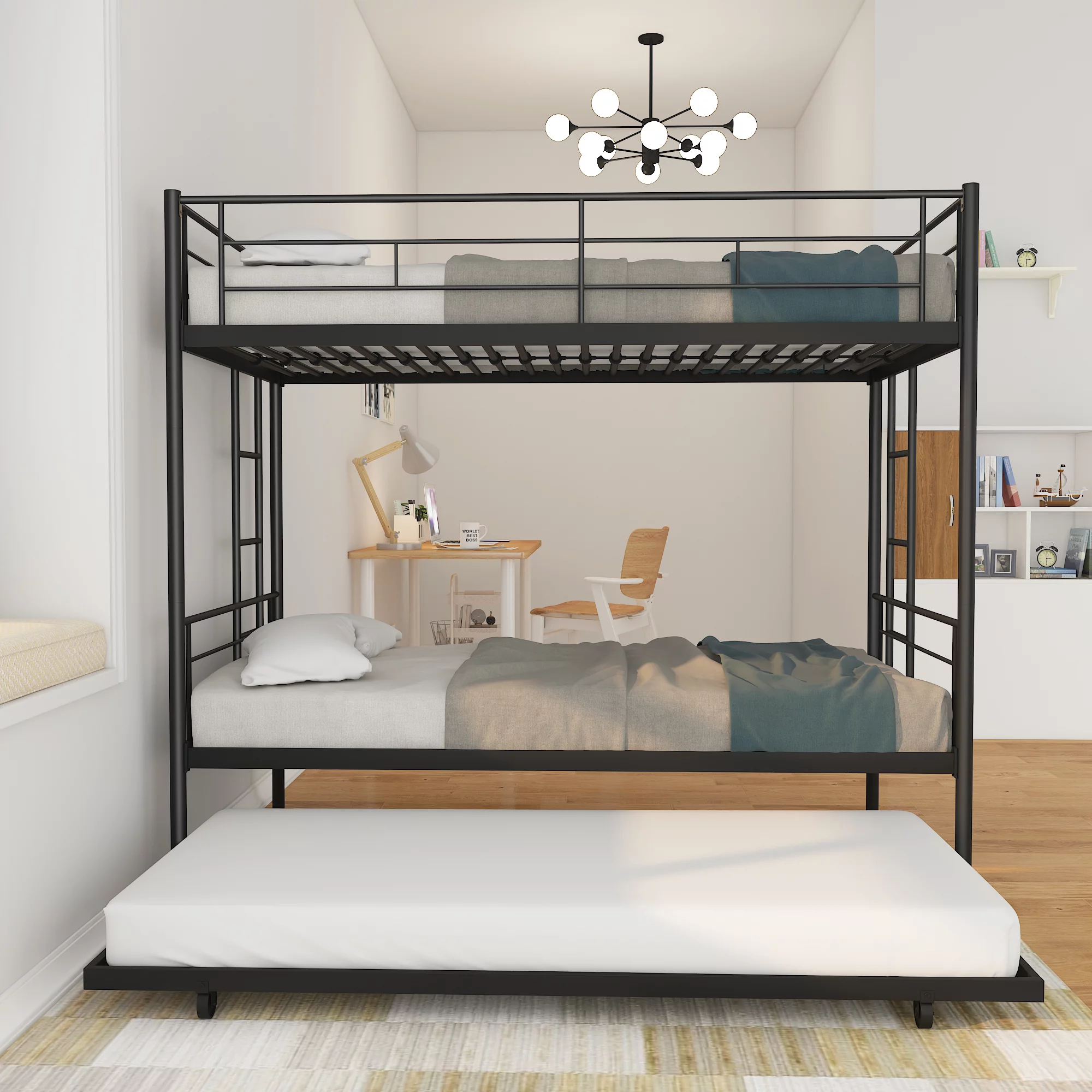 Heavy Duty Metal Bunk Bed Frame with Trundle - Twin Over Twin, Convertible - 3 beds