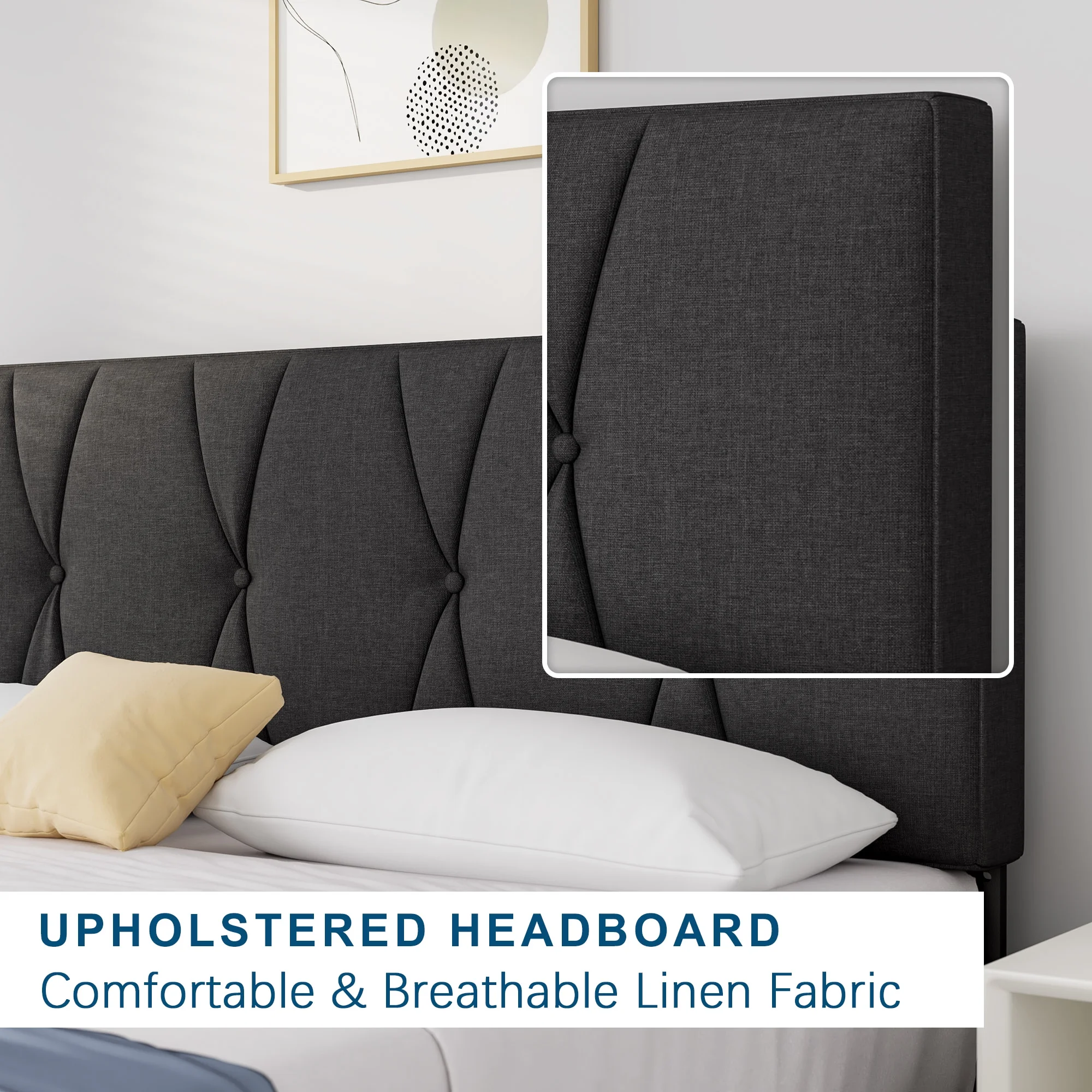 Queen Bed Frame, HAIIDE Queen Size Platform Bed With Fabric Upholstered Headboard, Dark Grey