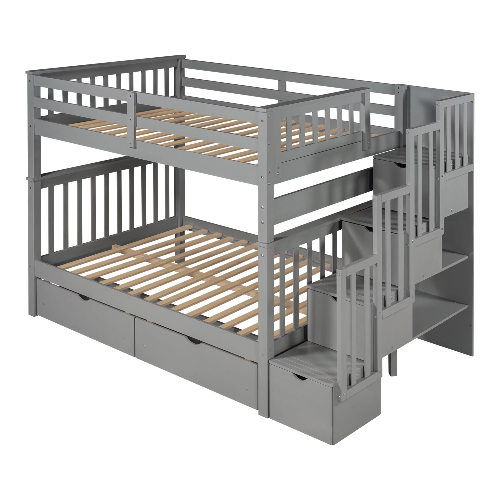 Docooler Full Over Full Bunk Bed with Shelves and 6 Storage Drawers, Gray