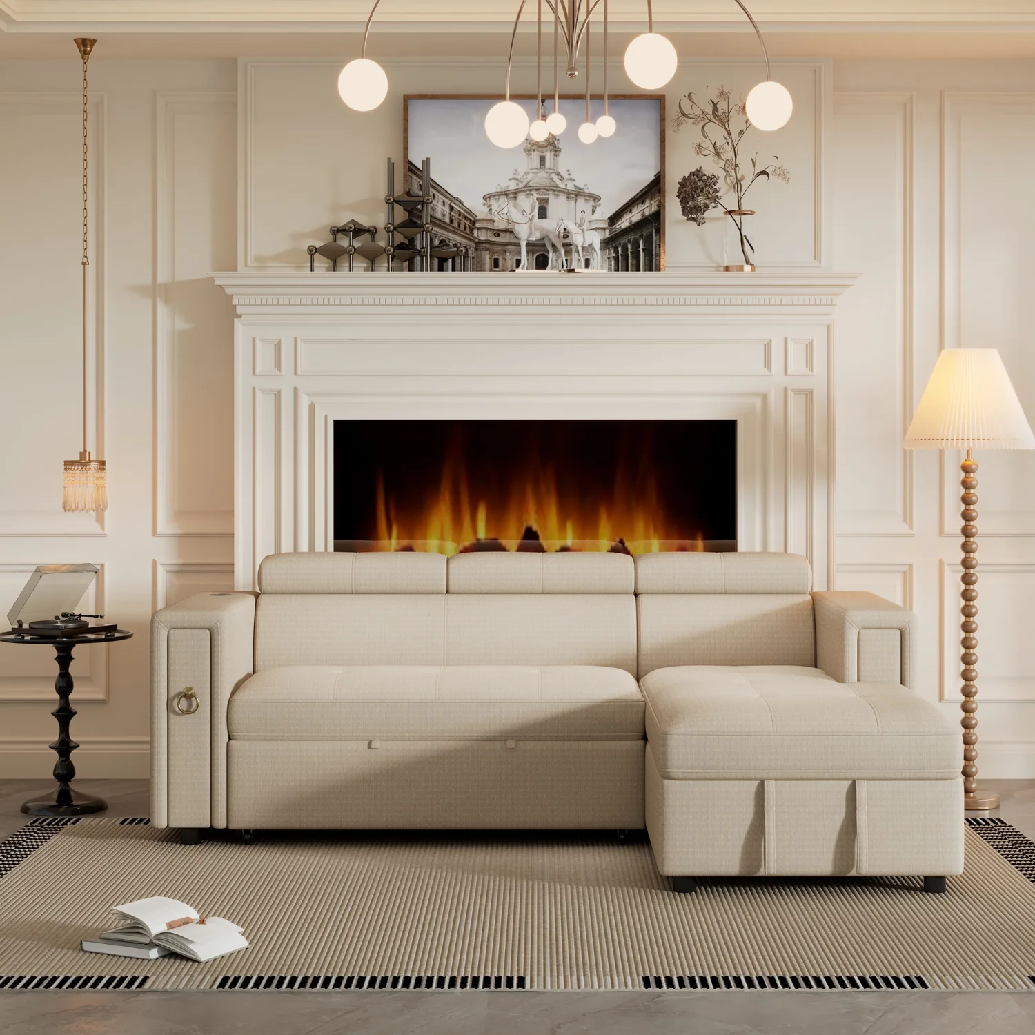 Churanty Pull Out Couch Bed with Storage and Cup Holder Sectional Sleeper Sofa with Wireless Charging L Shaped Couch with Adjustable Headrest Convertible Sofa Bed for Living Room,Beige