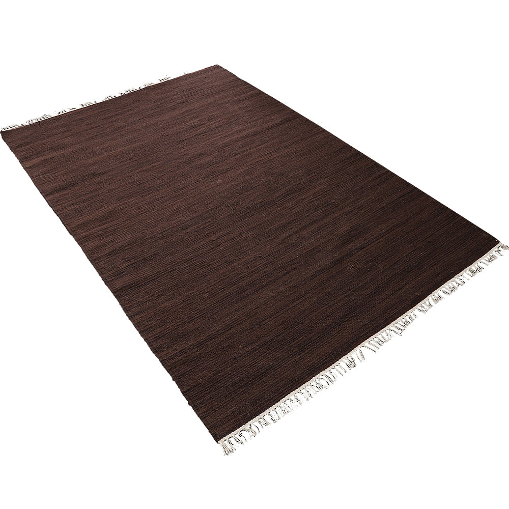 RUGSOTIC CARPETS HAND WOVEN FLAT WEAVE KILIM WOOL ECO-FRIENDLY AREA RUGS - 5'x8', Rectangle, Dark Brown , Plain Solid Design, Low Pile Handmade Area Rugs for Living Room, Bed Room (D00111)