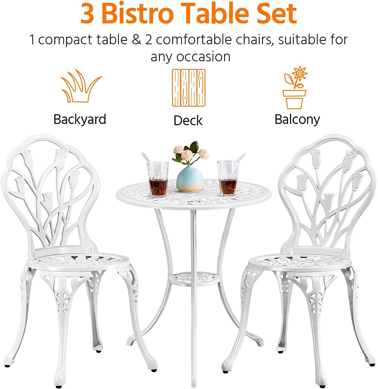 Yaheetech Patio Bistro Sets 3 Piece, Outdoor Rust-Resistant Cast Aluminum Garden Table and Chairs, White
