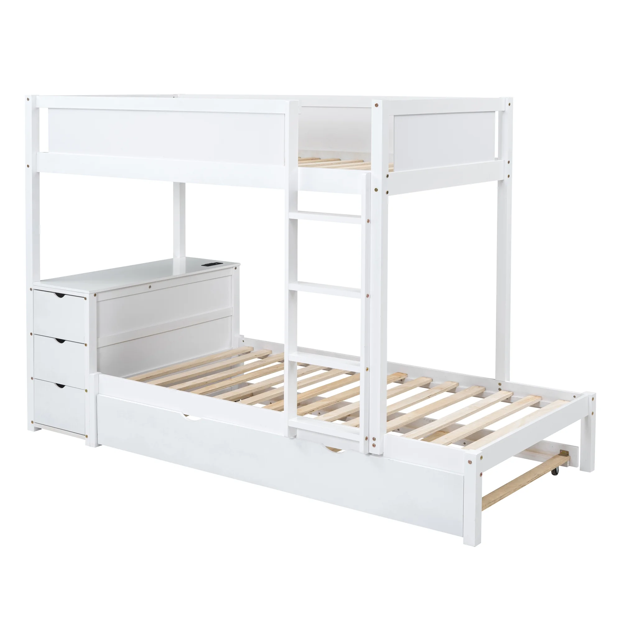 Churanty Twin Over Twin Bunk Bed with Trundle and Desk, Solid Wood Bunk Bed Frame with Storage Drawers and shelves for Kids Girls Boys Bedroom,White