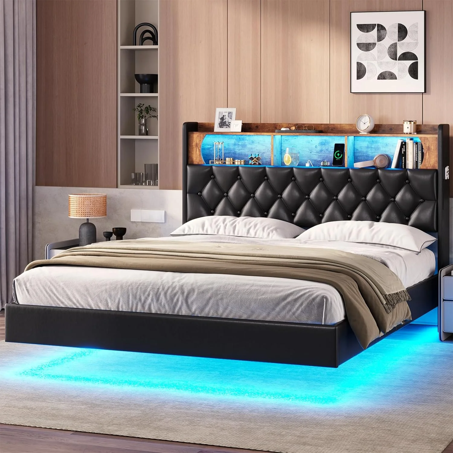 Full Size Floating Bed Frame with LED Light&Charging Station, Upholstered Platform Bed with Storage Headboard, Noise-Free, Black