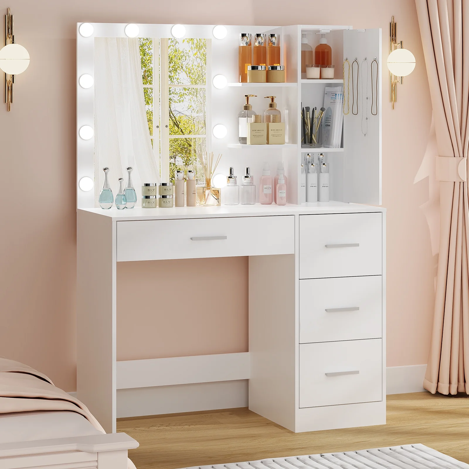 USIKEY Makeup Vanity with Lighted Mirror, Vanity Desk with 4 Drawers and Open Shelves for Bedroom,White YSZT036WD