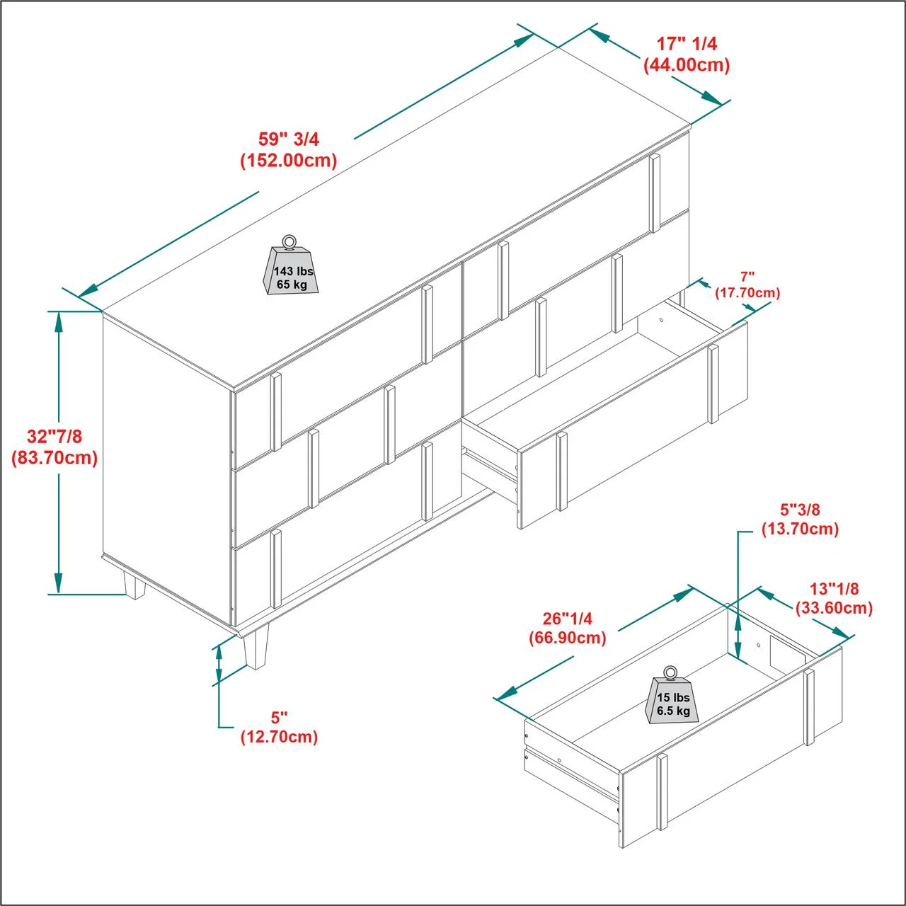 Walker Edison 60” Contemporary Vertical Drawer Pulls Solid Wood Dresser, Caramel