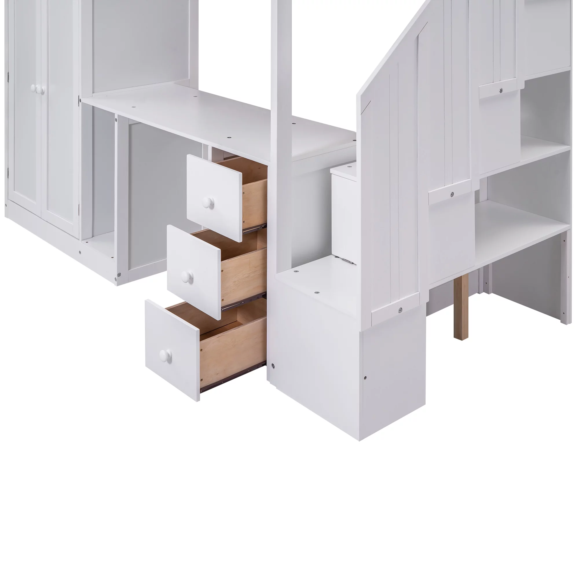 Euroco Twin Size Pine Wood Loft Bed with Desk, Drawers and Wardrobe for Kids Room, Storage Staircase, Sapce-Saving Shelf, White
