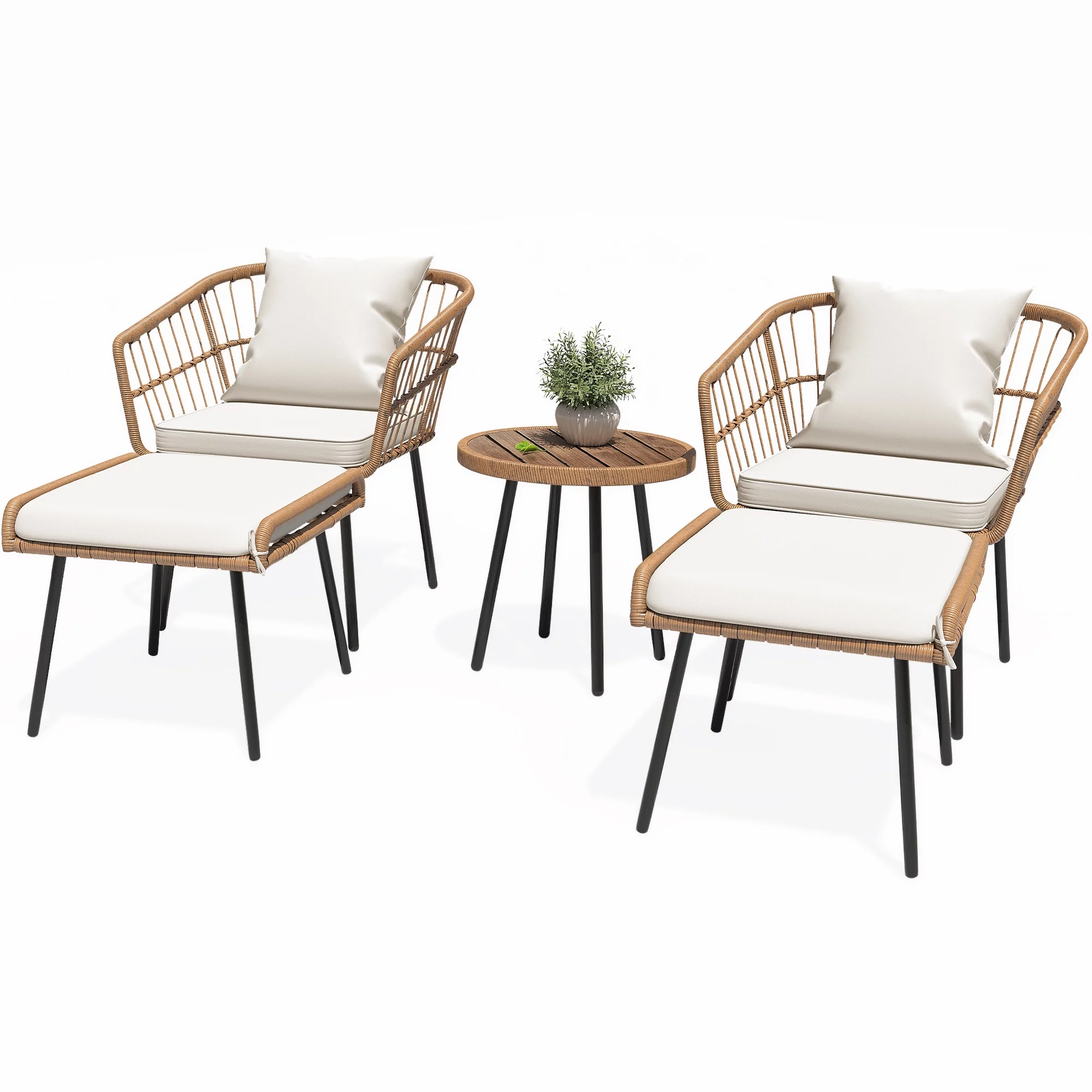 Dextrus 5-Piece Outdoor Wicker Furniture Set, 2 Outdoor Patio Chairs With 2 Ottomans and Coffee Table