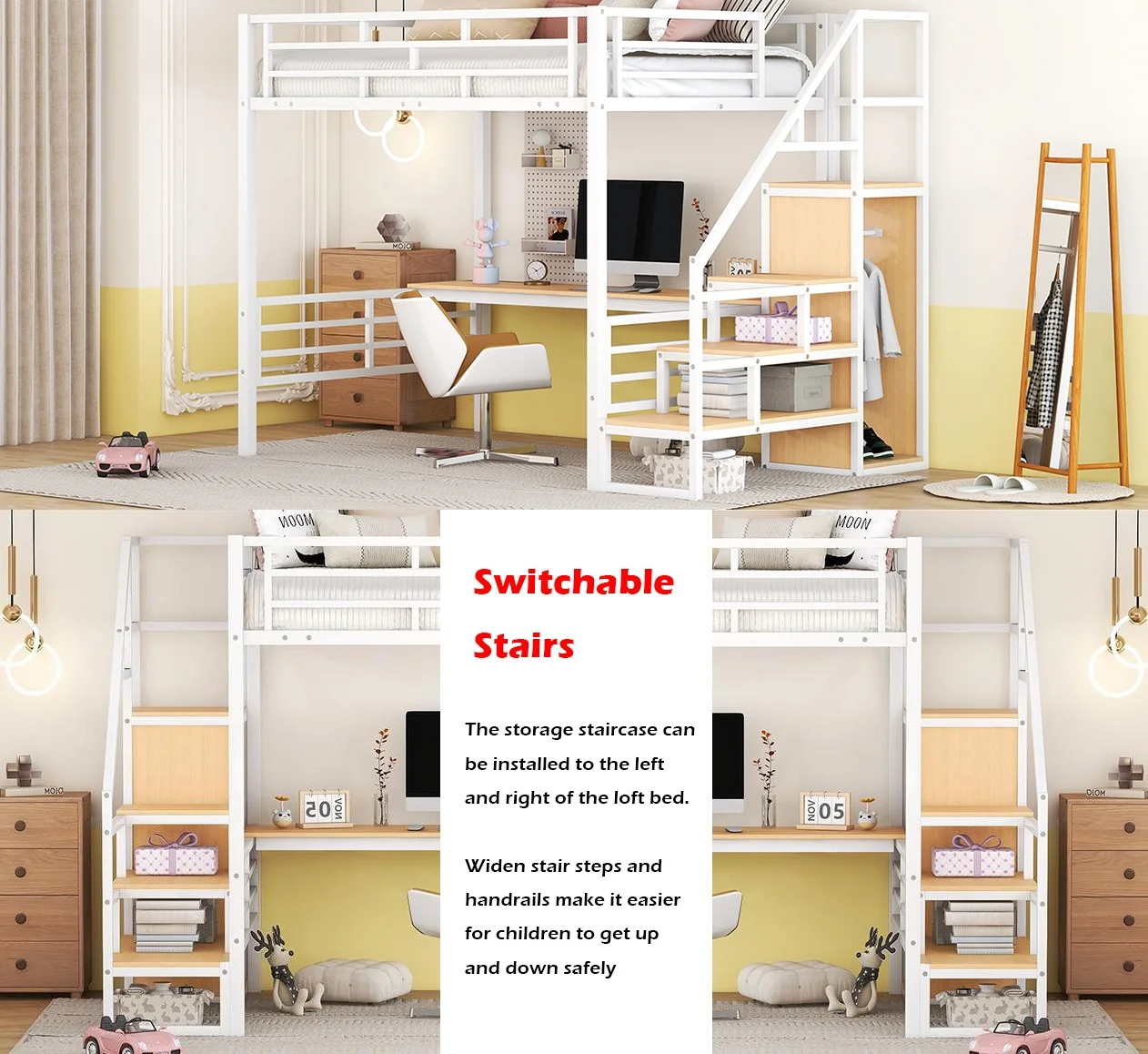 Bellemave Full Size Metal Loft Bed with Convertible Storage Staircase and Small Wardrobe, Heavy Duty Loft Bed Frame with Built-in Long Desk and Safety Guardrail for Kids,Teens, White