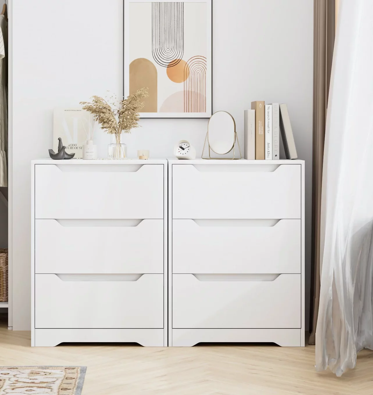 Homfa White Dresser with 3 Drawers, 23.6'' W Tall Nightstand Chest of Drawer with Cutout Handles for Living Room