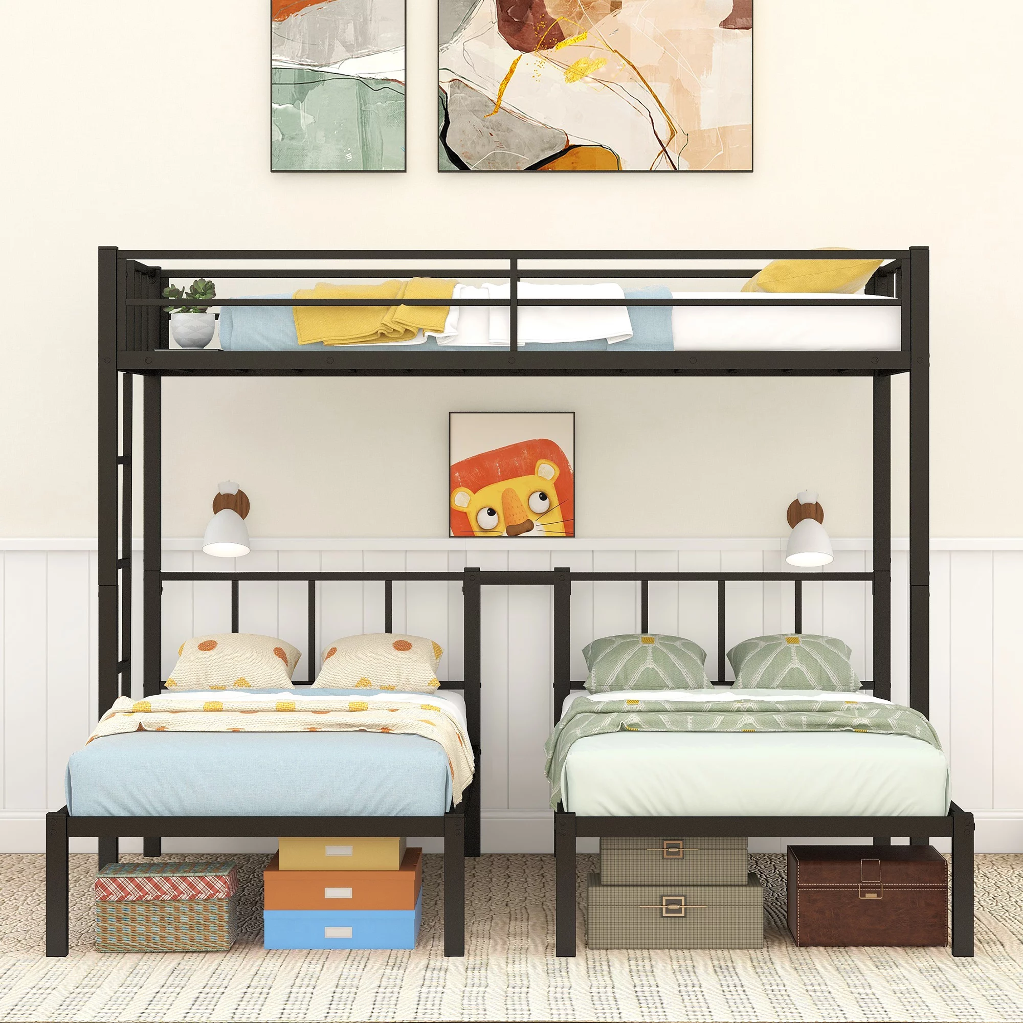 Metal Triple Bunk Bed for 3,Twin over Twin&Twin Size Bunk Bed with Built-in Shelf,Can be divided into 3 Separate Bed,Heavy-Duty Steel Bed Frame for Kids Teens Adults (Black)