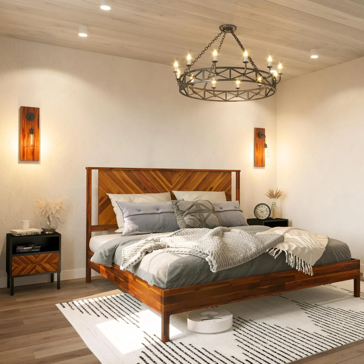 Bme King Size | Vivian 79x82x14in Deluxe Bed Frame with Headboard, Rustic Style, Solid Acacia Wood