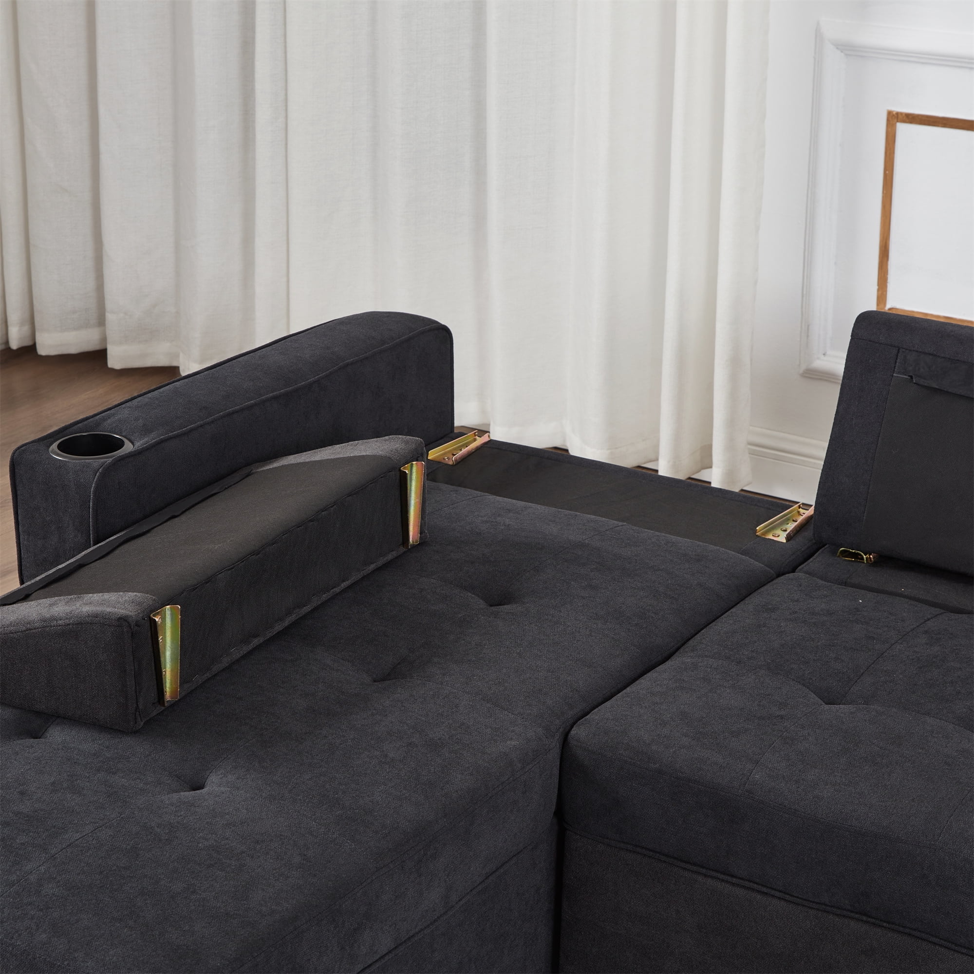 GEXPUSM Sleeper Sofa, Modern Convertible Black Sofa Bed with Pull Out Couch Bed, L Shaped Sofa with Storage Chaise, Linen Couches for Living Room