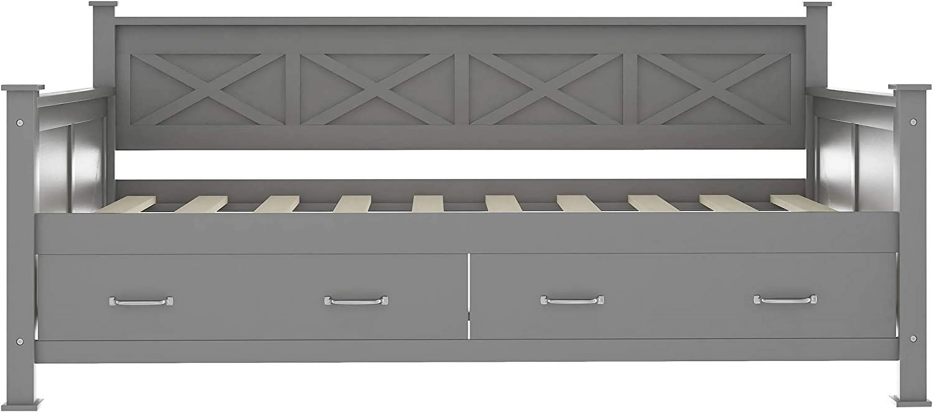 Size Daybed With Two Storage Drawers, Wood Multifuctioal Sofa Bed X-Shaped Frame, Moder Daybed With Slat Support For Bedroom Livig Room, Grey