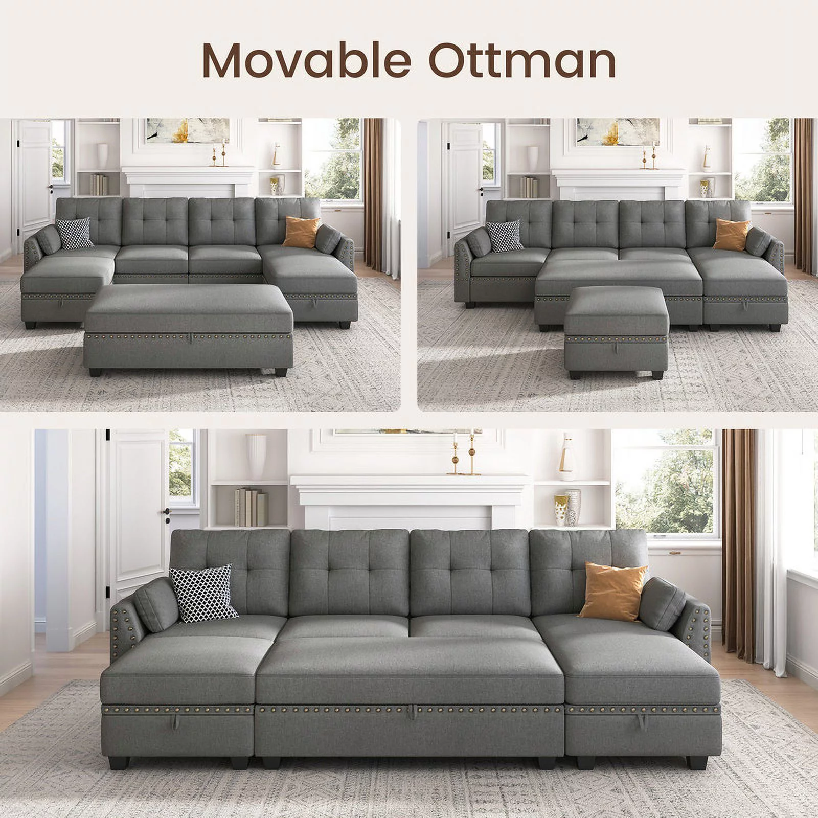 HONBAY Convertible Modern Reversible Sleeper Sectional Sofa Sets with Storage for Living Room and Apartment, Grey
