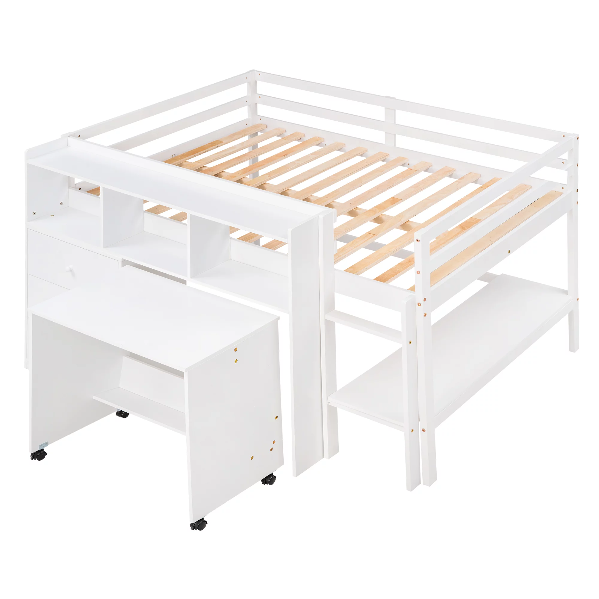 Bellemave Full Size Wood Low Loft Bed with Rolling Portable Desk, and Drawers,Kids Loft Bed With Storage Shelves,No Box Spring Needed(White)
