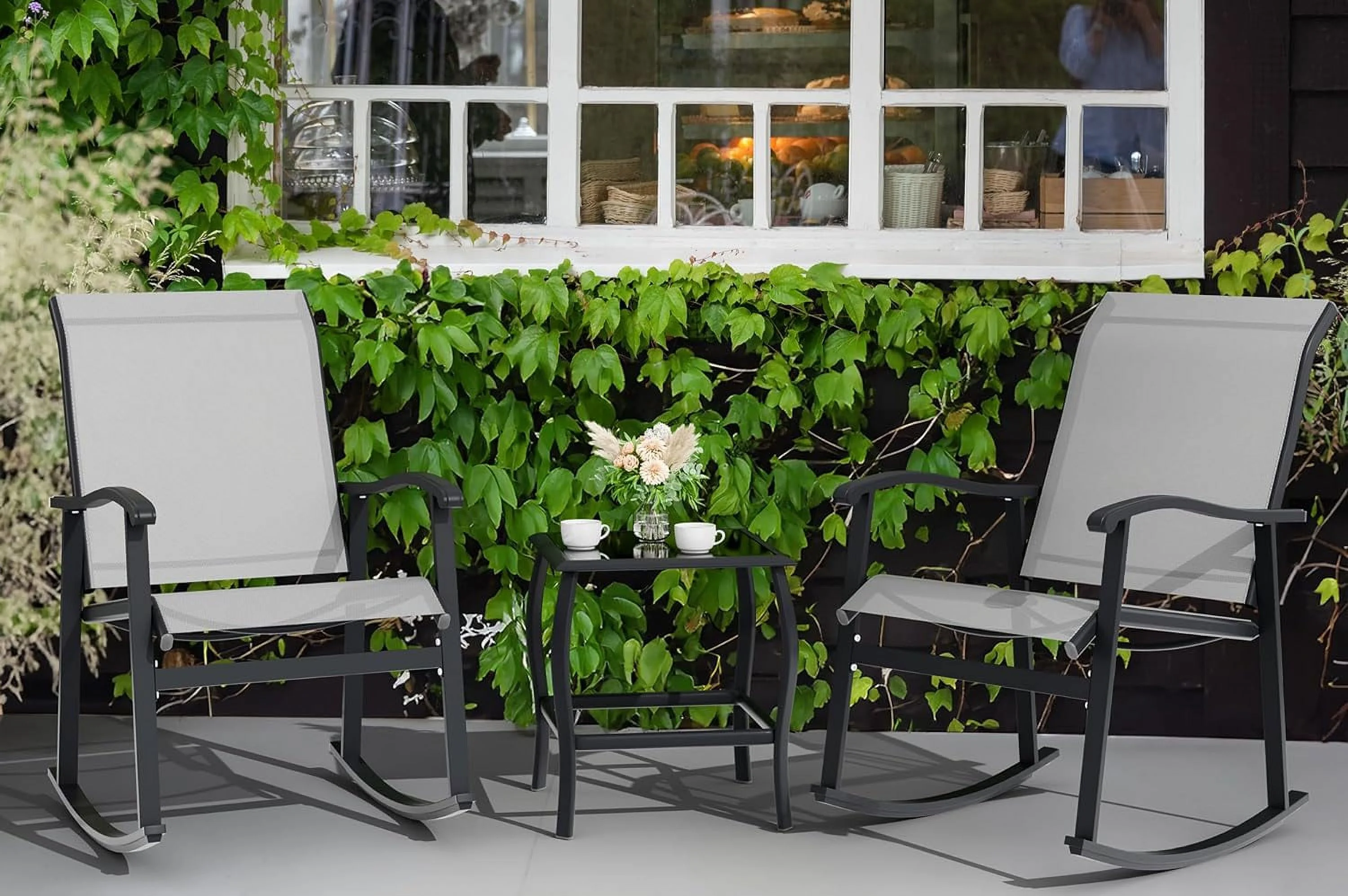 Vongrasig 3 Piece Outdoor Rocking Bistro Set, Textilene Fabric Small Patio Furniture Set, Front Porch Rocker Chairs Conversation Set with Glass Table for Lawn, Garden, Balcony, Poolside (White)