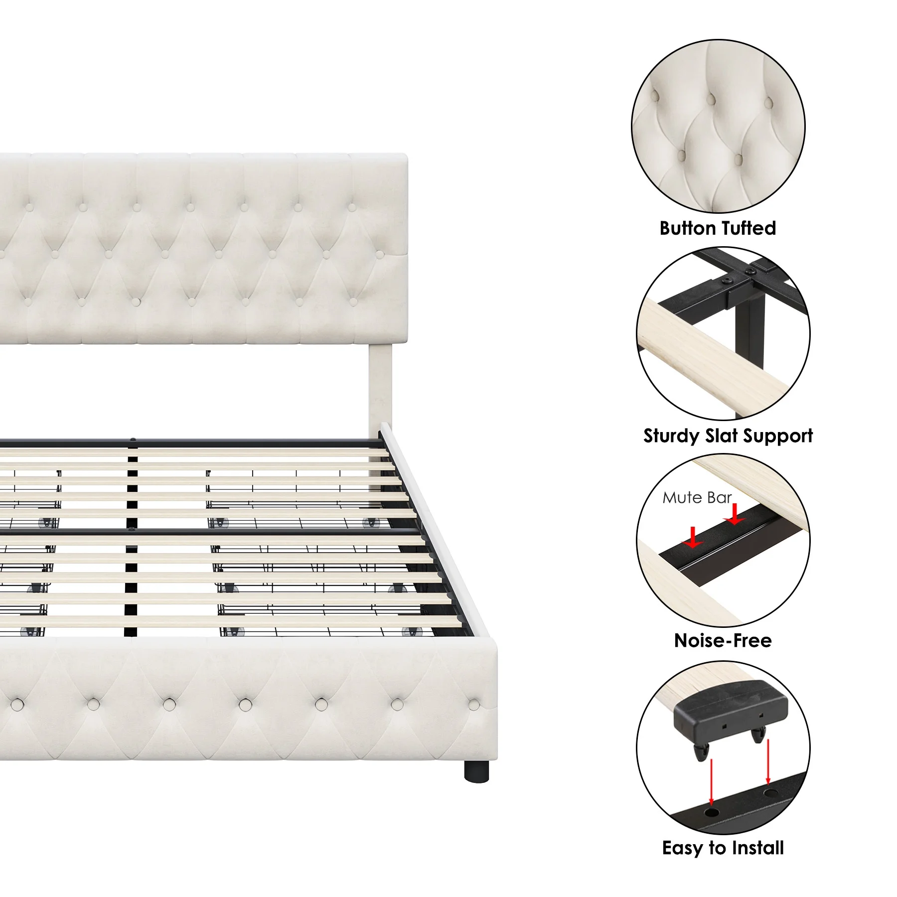 Homfa Queen Size Storage Bed, Velvet Platform Bed Frame with 4 Drawers, Upholstered with Adjustable Headboard, Off White